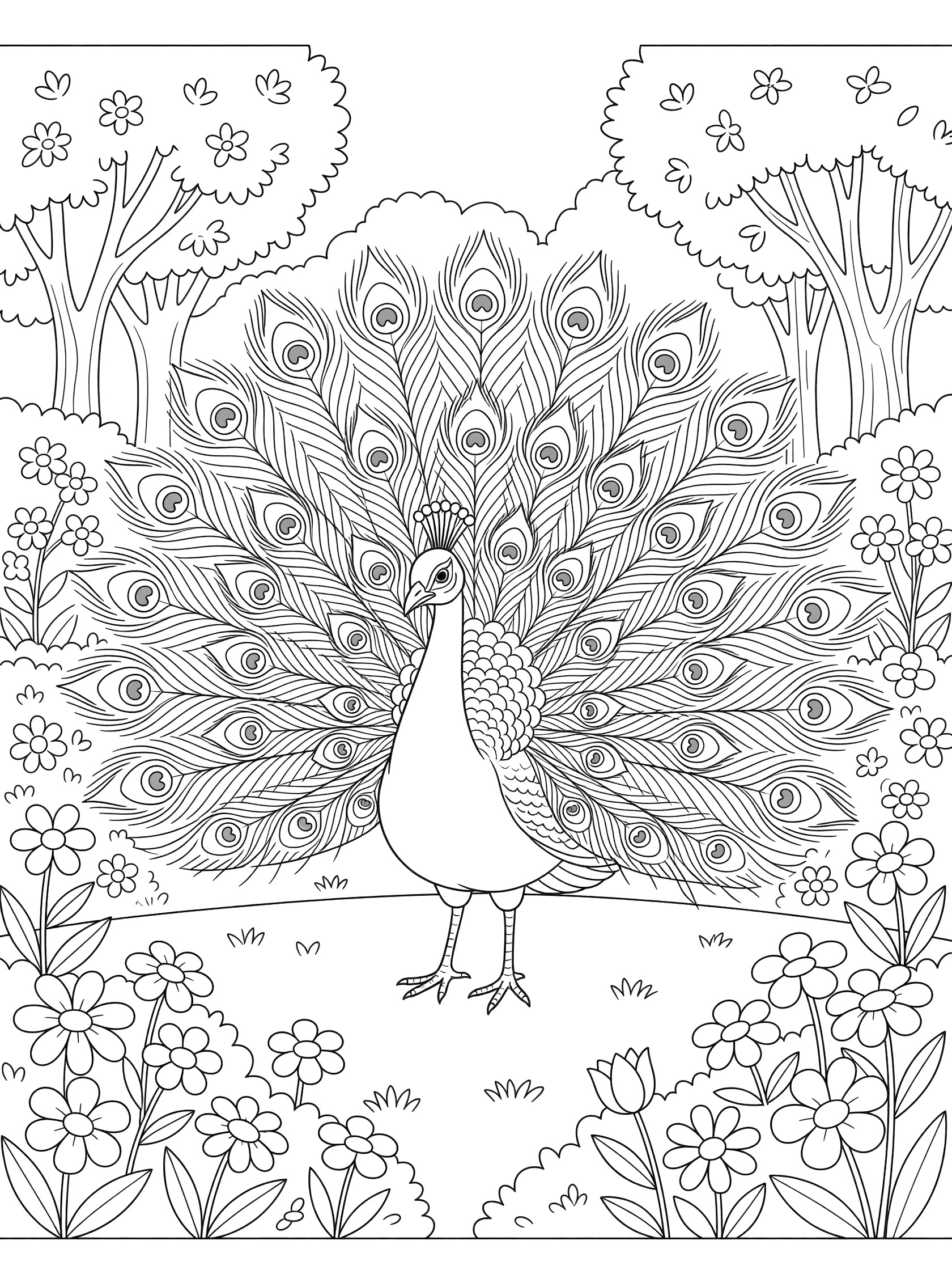 Black and white line art coloring page showing a peacock standing with tail feathers fanned out, surrounded by flowers and trees.