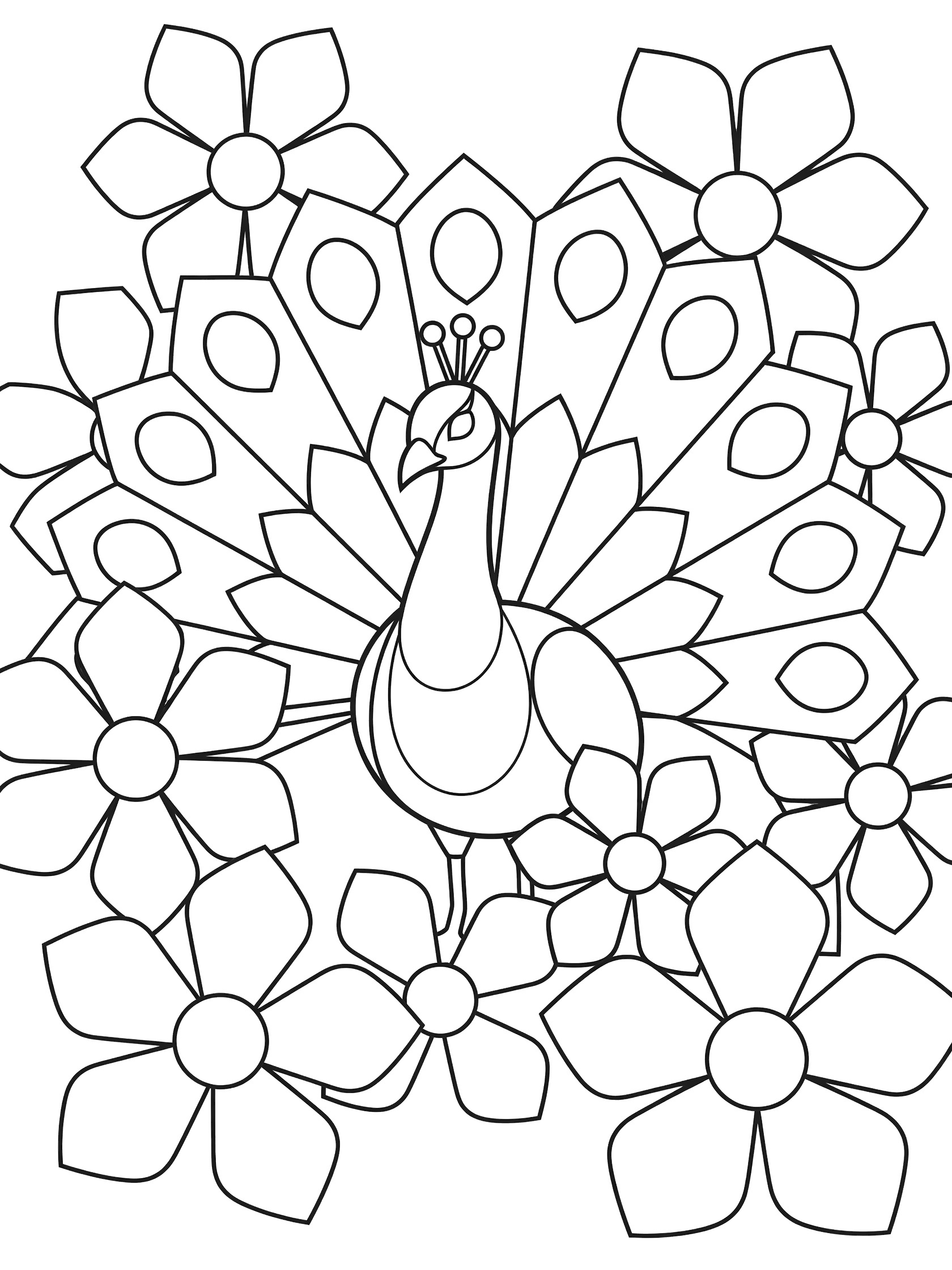 Black and white line drawing of a peacock with spread tail feathers surrounded by large outlined flowers, perfect for kids coloring.