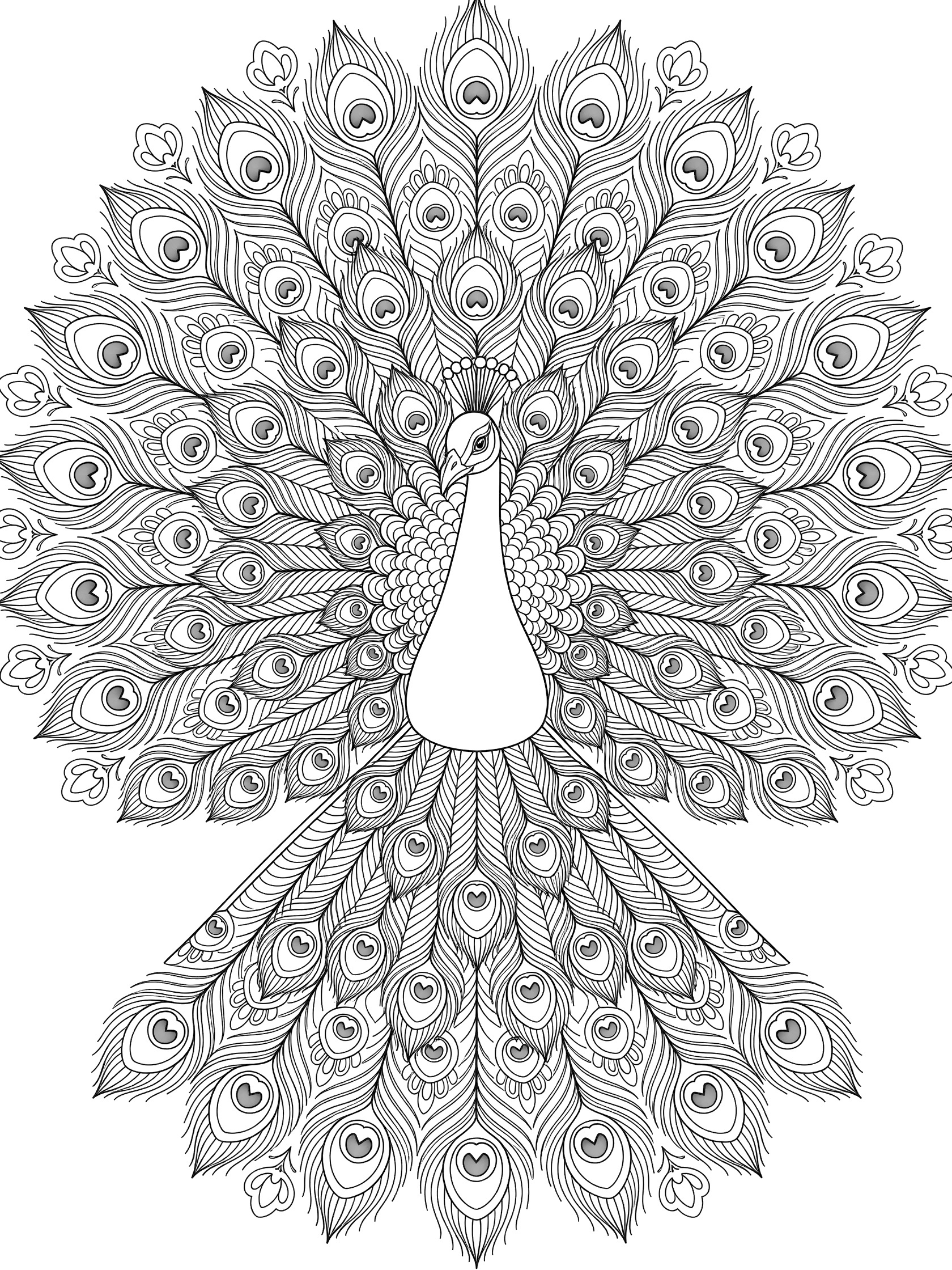 Black and white line drawing of a symmetrical peacock displaying spread tail feathers with detailed eye motifs in a mandala pattern.