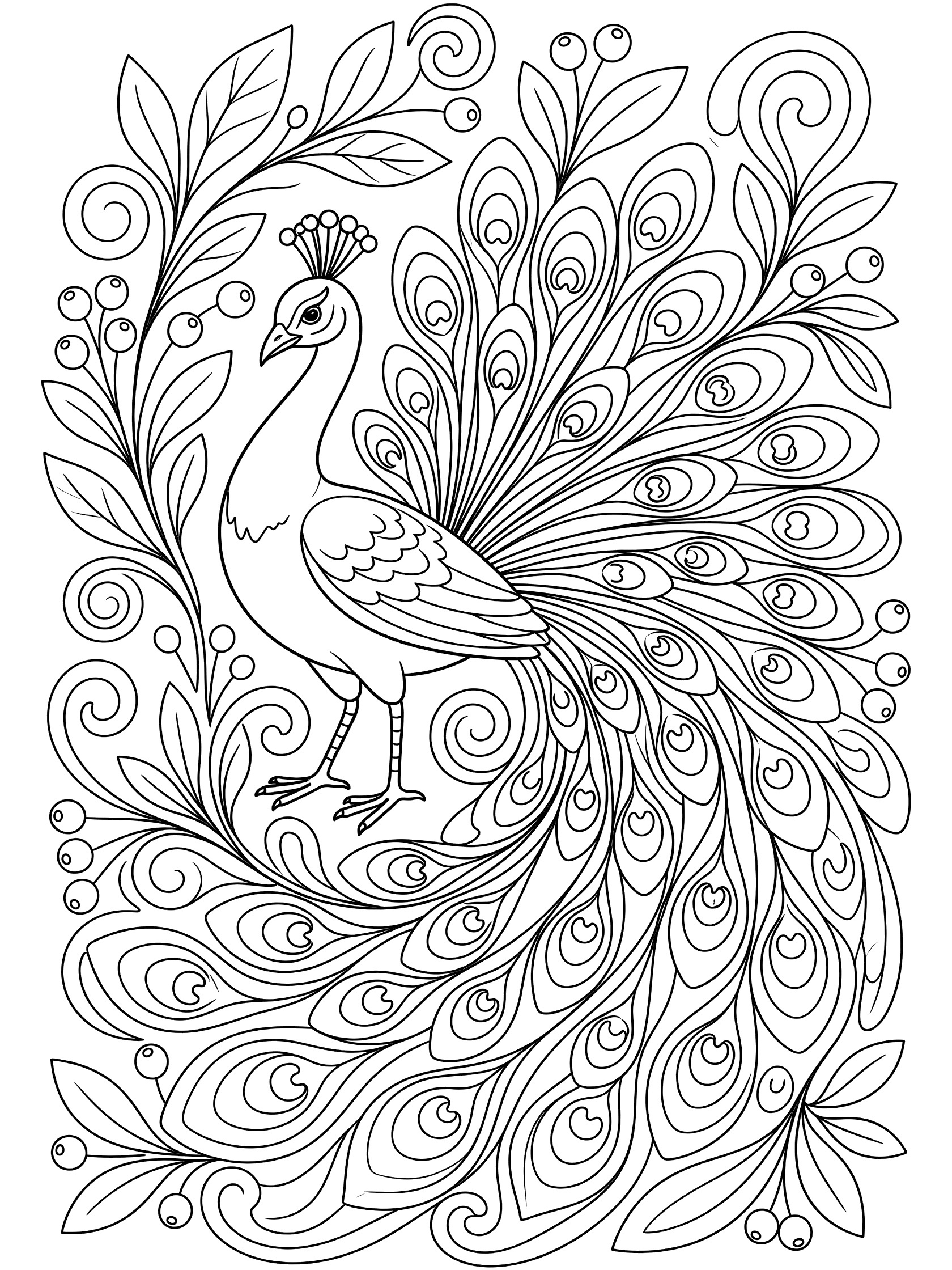 Black and white coloring page of a peacock preening its detailed tail feathers surrounded by swirling doodle leaves and berries. Peacocks themed black and white printable line art