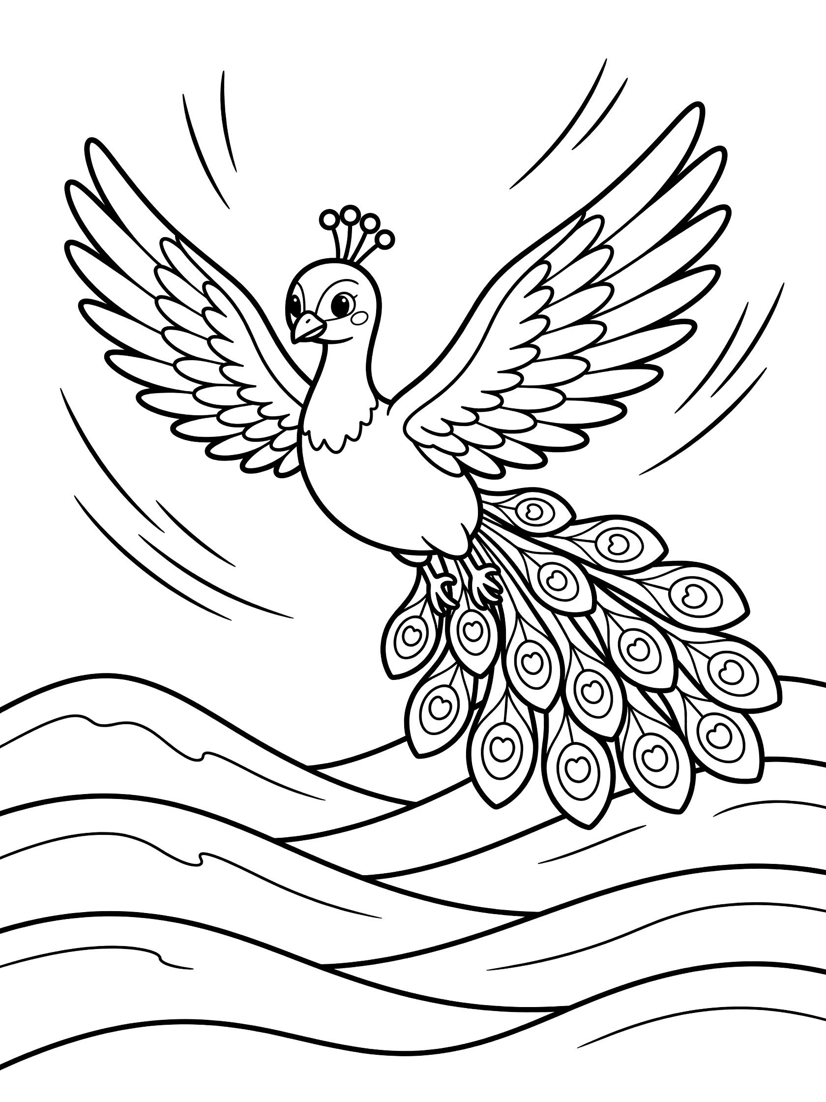 Black and white line drawing of a cute peacock in flight with large spread wings, crown on head, long tail feathers, and wavy hills below on a white background.