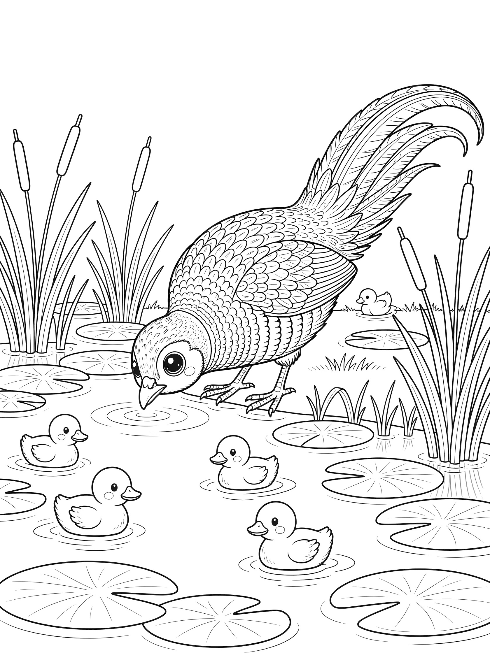 Black and white line art coloring page showing a peahen with big eyes bending to drink from a pond edge surrounded by several ducklings on lily pads with reeds. Pheasant themed black and white printable line art