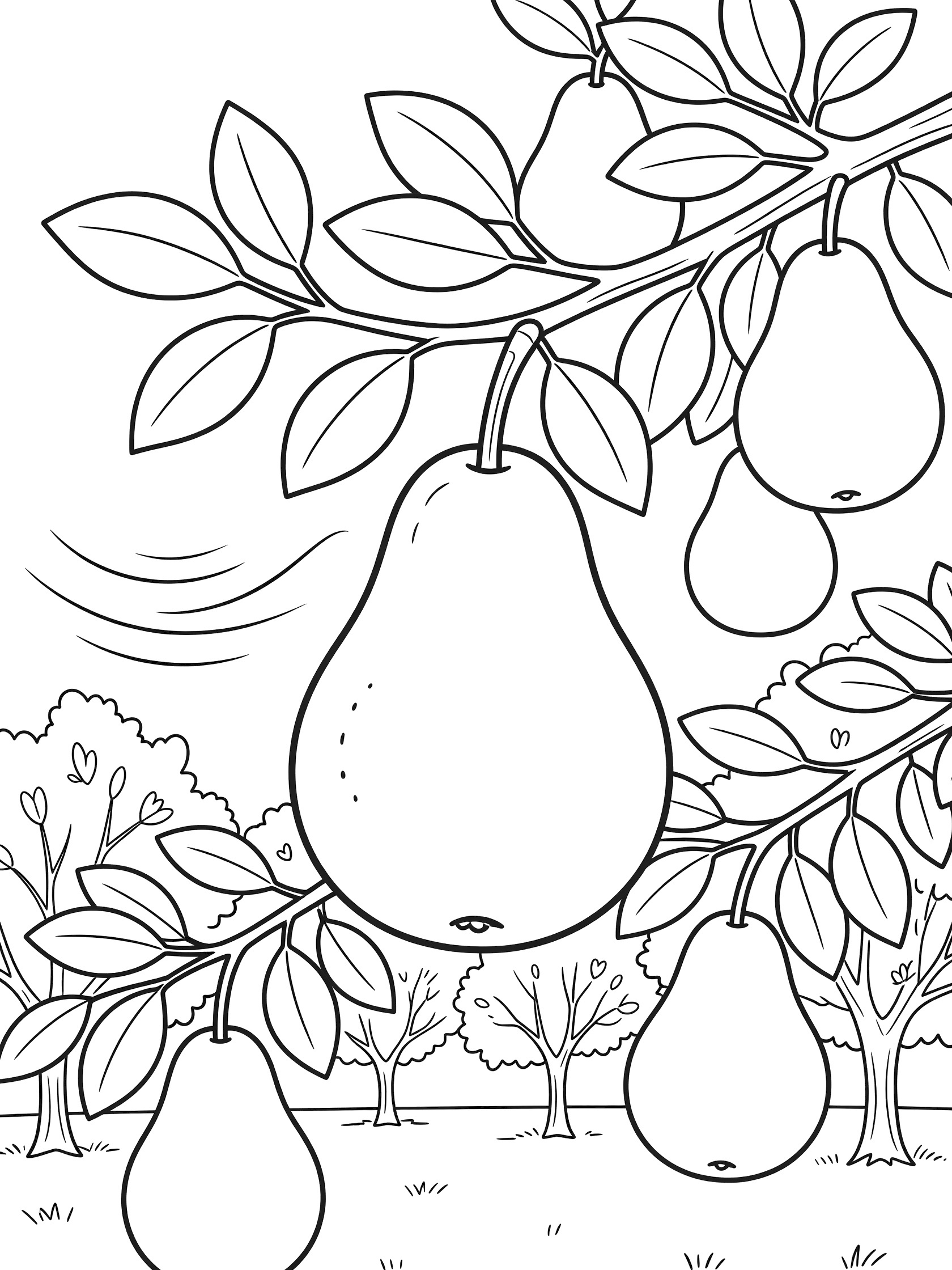 Line art coloring page showing a plump ripe pear dangling from a tree branch with leaves, smaller pears, and orchard trees in the background