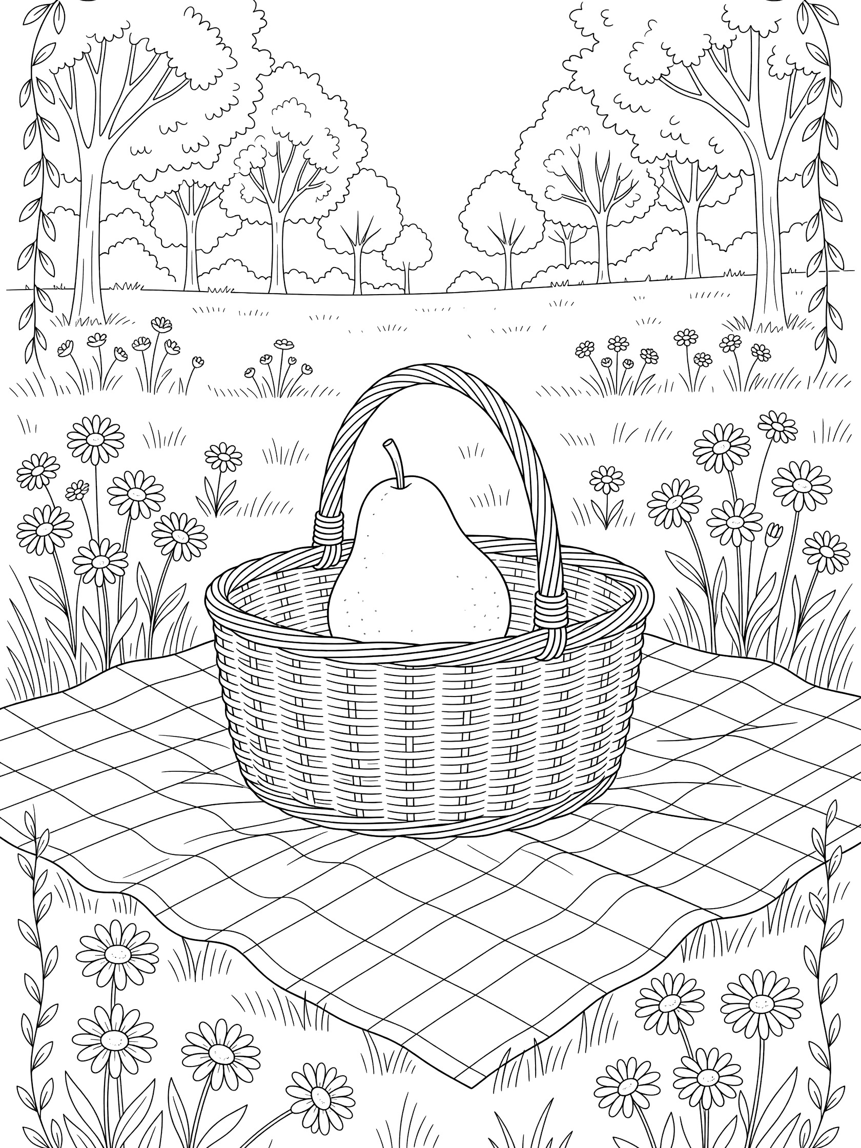 Line art coloring page showing a large pear peeking out from a picnic basket on checkered cloth surrounded by daisies in a meadow with trees and vine frame.