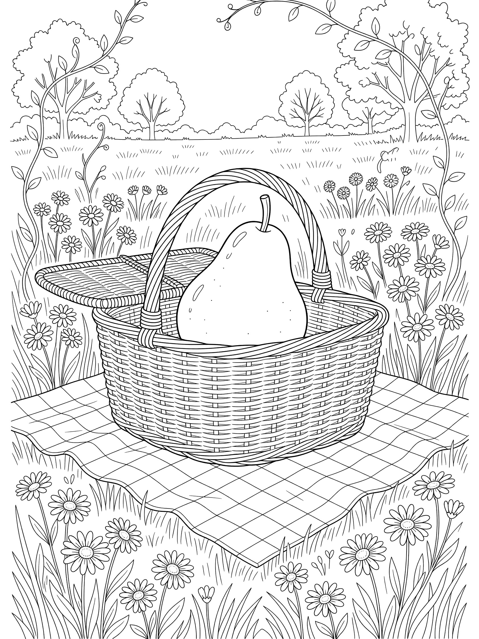 Black-and-white coloring page of a large pear peeking from a picnic basket on checkered cloth in a meadow with daisies, trees, and vine frame.