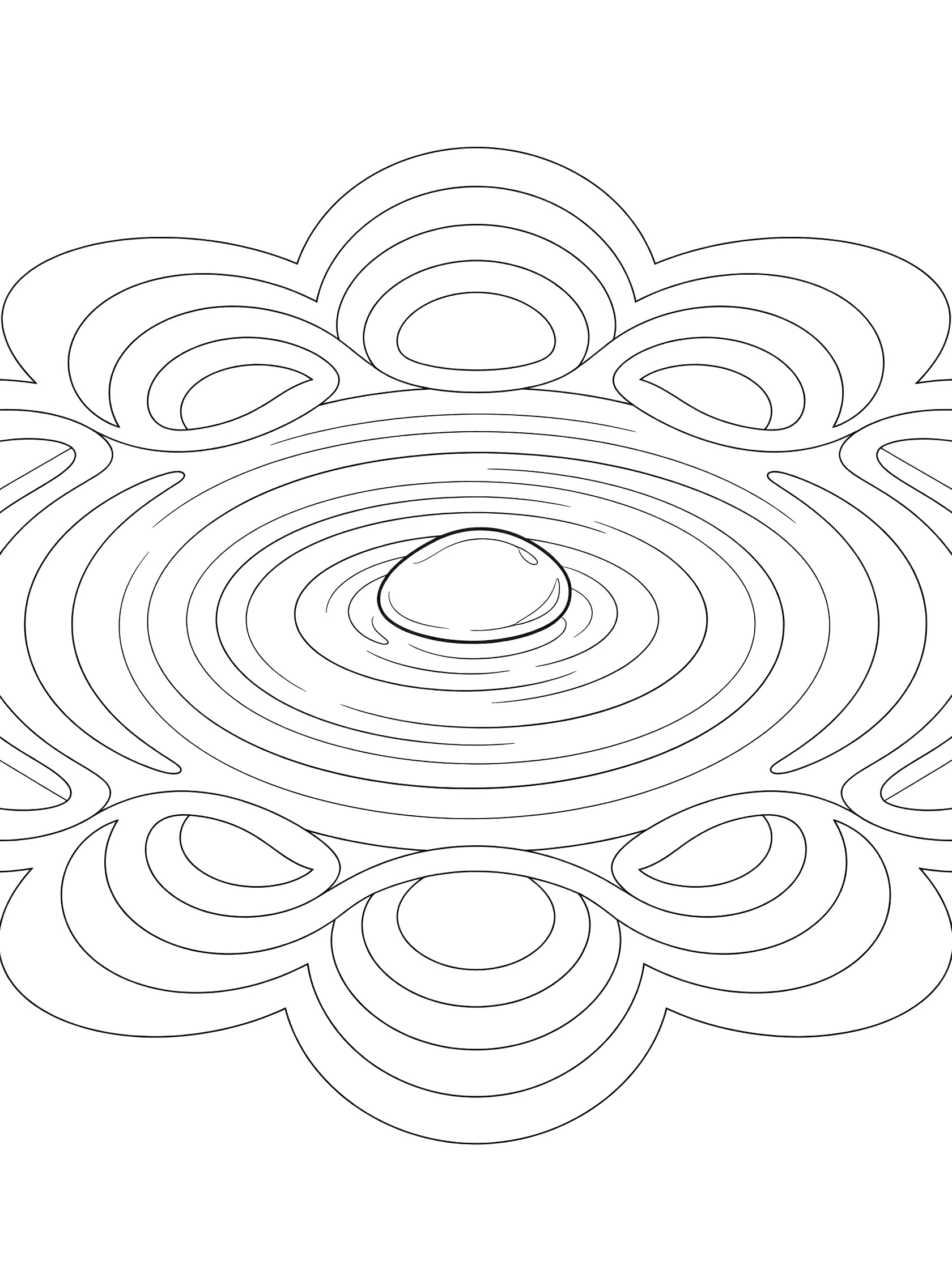Black-and-white coloring page of a round pebble in the center with symmetrical ripple waves expanding outward in a geometric mandala pattern.