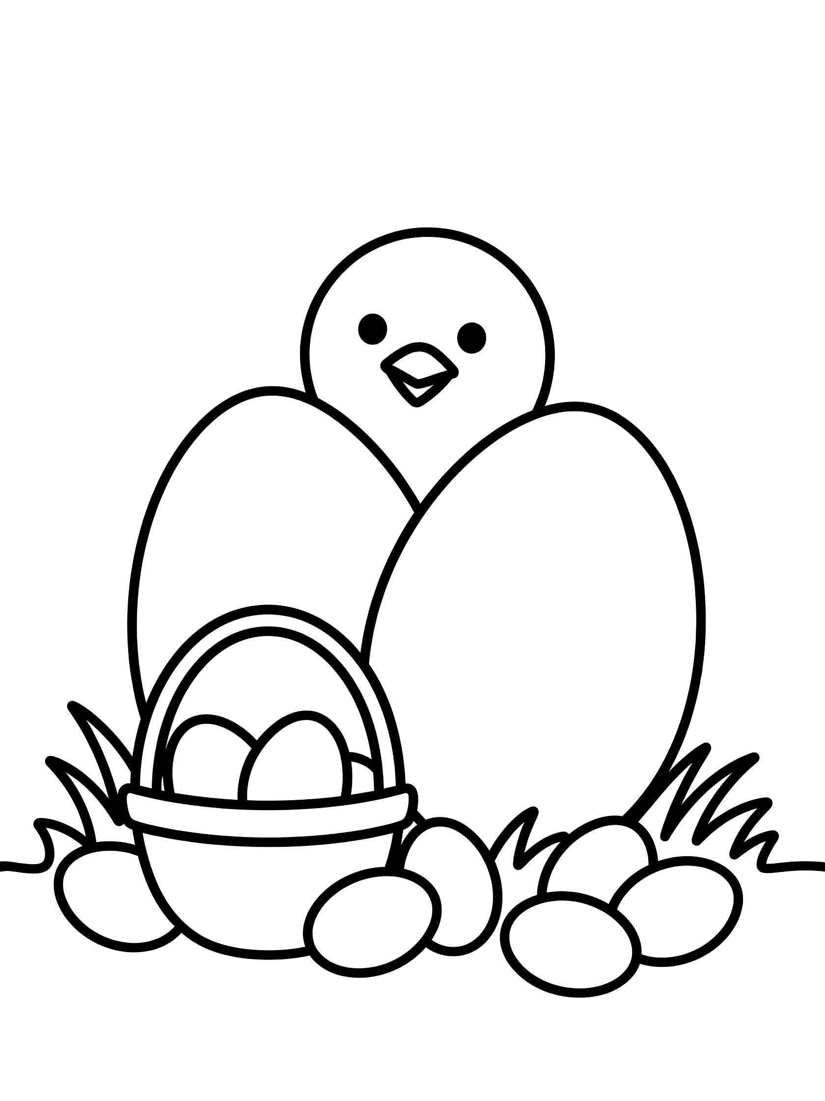 Black and white line art of cute Peeps chick peeking over large Easter egg, with basket, scattered eggs and grass.