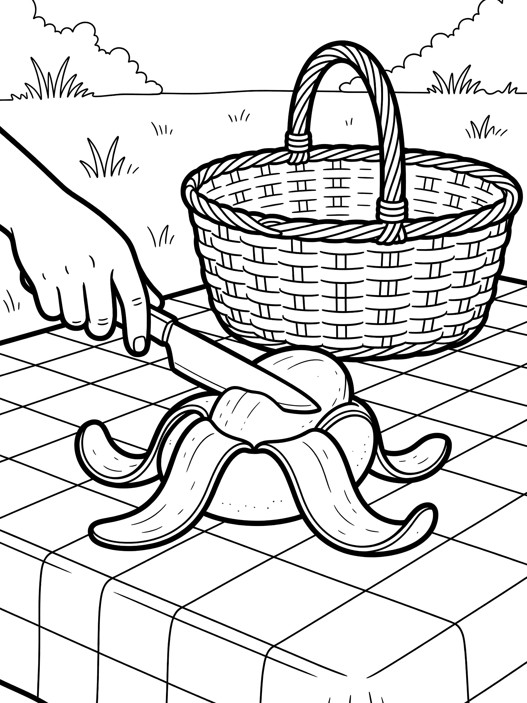 Line art coloring page showing a hand peeling a banana on a picnic table with checkered cloth, knife, basket, and outdoor grass. Mango themed black and white printable line art