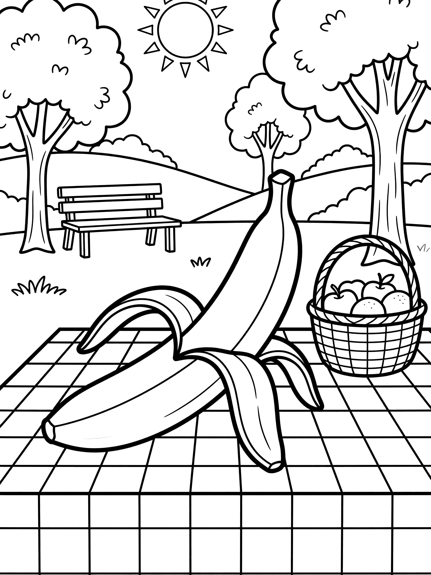 Black and white line art coloring page showing a ripe banana peeling open on a checkered picnic table in a park with sun, trees, bench, and fruit basket