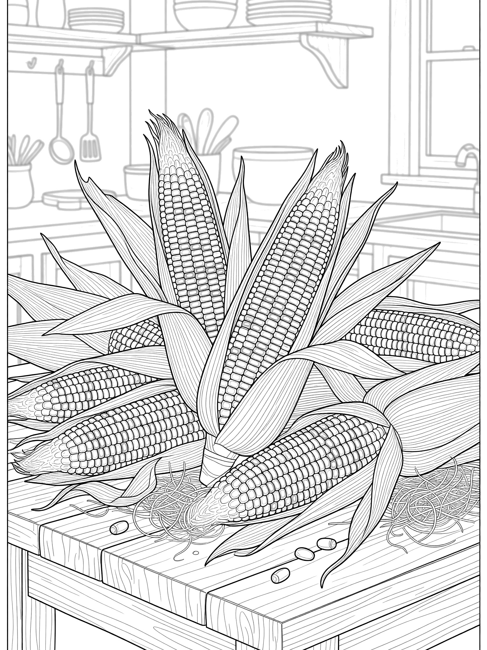 Black-and-white line art coloring page showing several ears of Indian corn with green husks partially peeled back to reveal multicolored kernels, scattered husks and silk on a wooden table in a rustic kitchen.