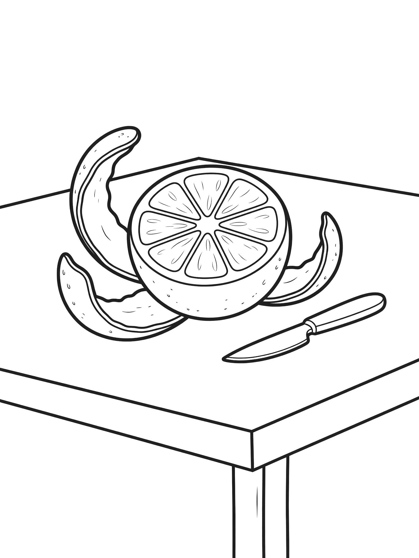 Line art coloring page showing a large orange with spiral peel unwound to reveal juicy segments inside, paring knife on wooden kitchen counter