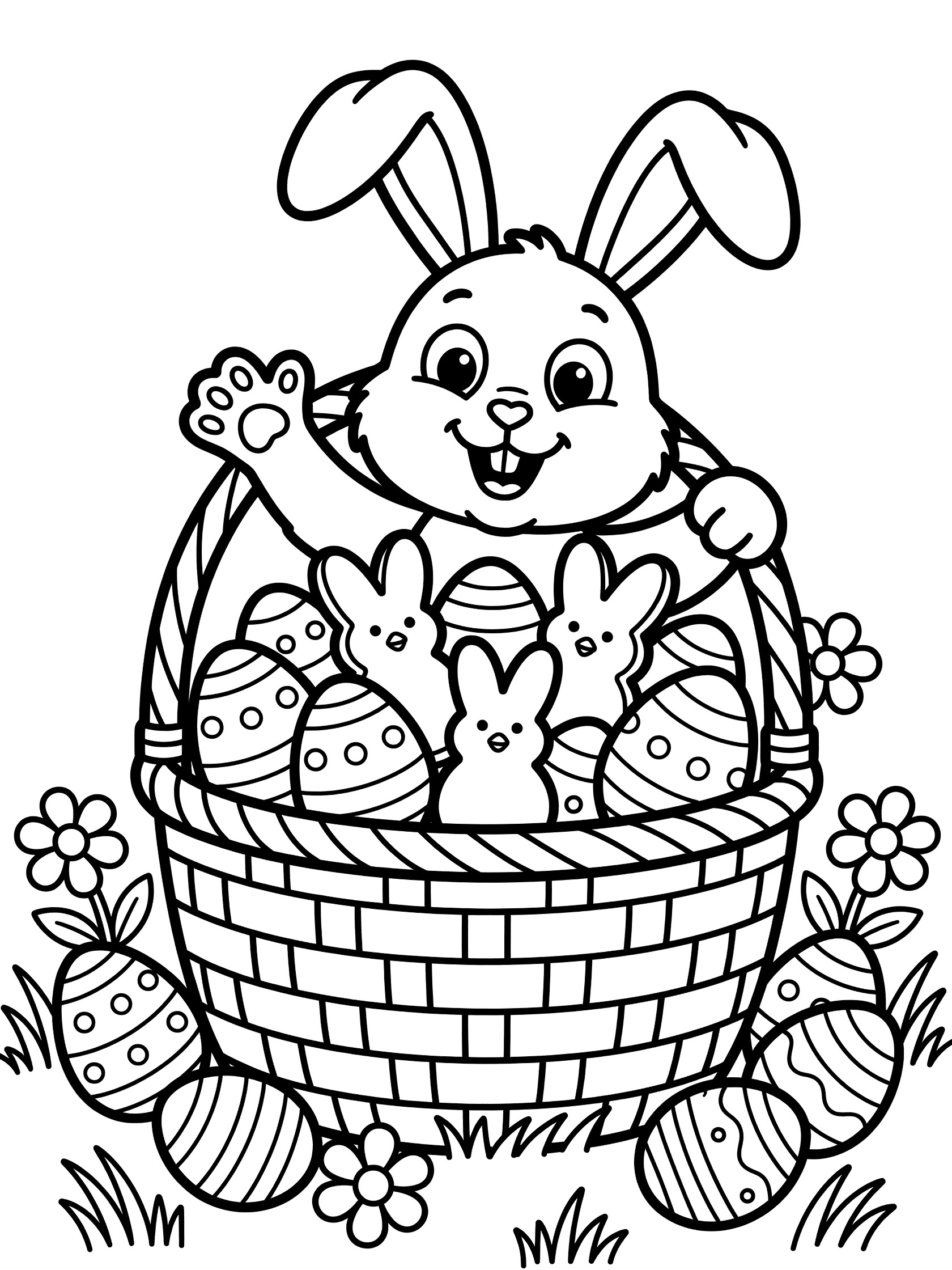 Black and white line art of a cheerful Easter bunny playing peep-a-boo behind a woven basket overflowing with marshmallow peeps, painted eggs, spring flowers, and grass.