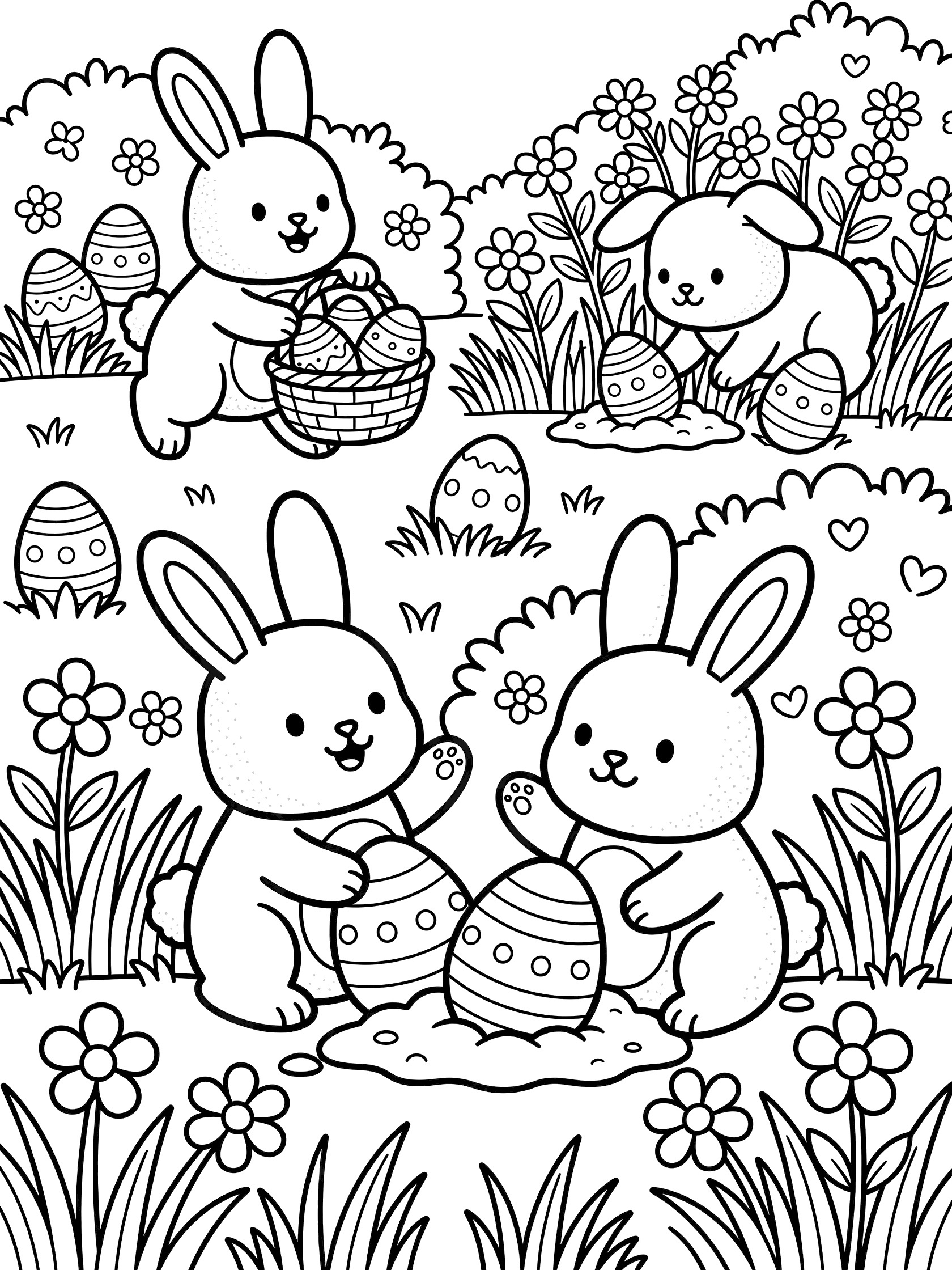 Black-and-white line art of puffy Peeps bunnies on an Easter egg hunt: one peeks behind a bush at a big egg, another jumps with a full basket, and a third digs under flowers in the garden.