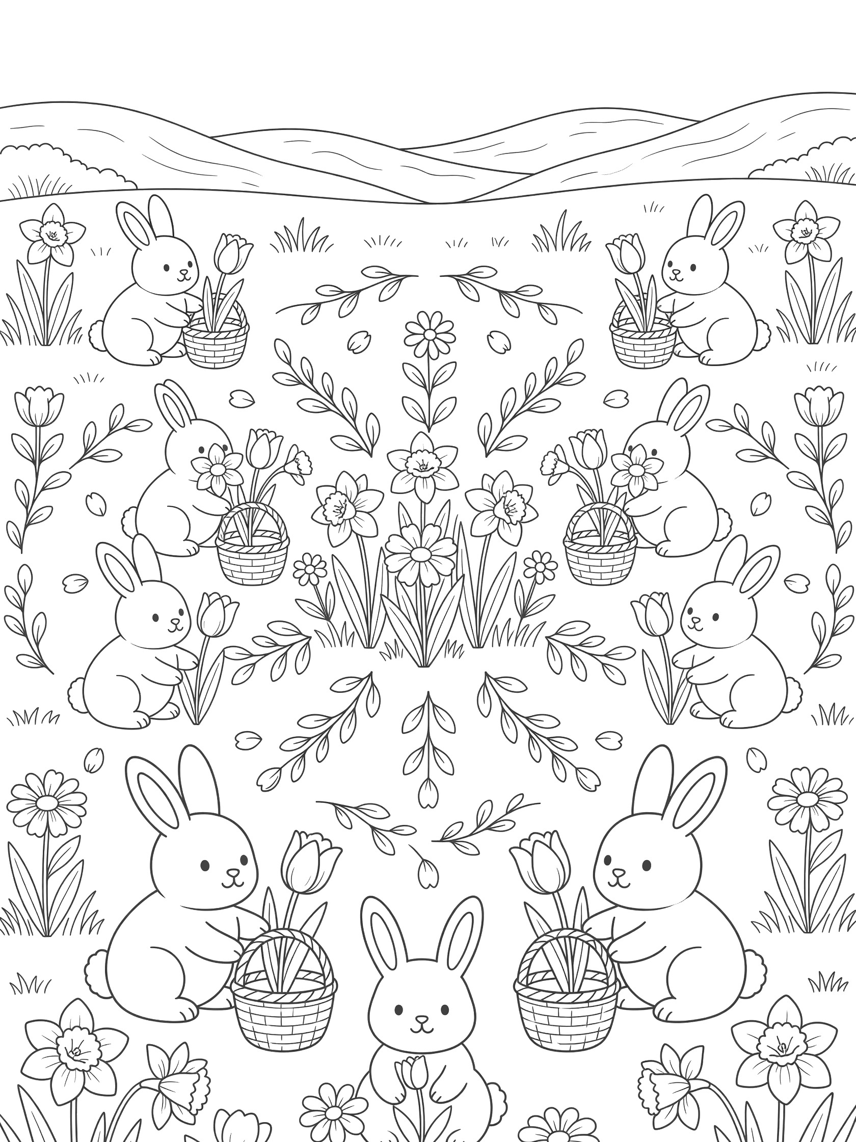 Printable coloring page showing plump Peeps marshmallow bunnies in a symmetrical arrangement picking flowers like tulips and daffodils into baskets amid grass and hills.