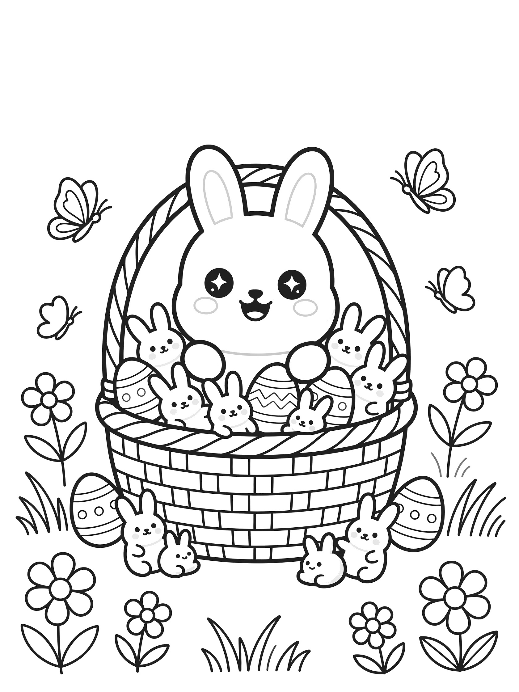Black and white line art of a kawaii Peeps marshmallow bunny with big sparkling eyes smiling from an Easter basket overflowing with small bunnies, eggs, flowers, grass, and butterflies.