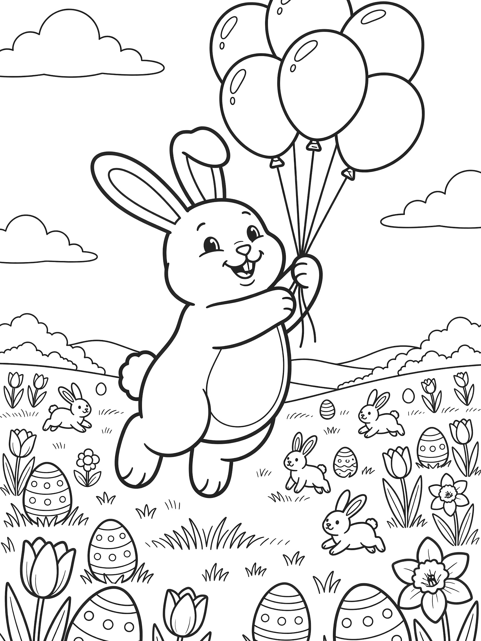 Printable coloring page showing a marshmallow Peeps bunny with floppy ears holding strings from big balloons, floating above a spring meadow with eggs, tulips, daffodils, and hopping bunnies