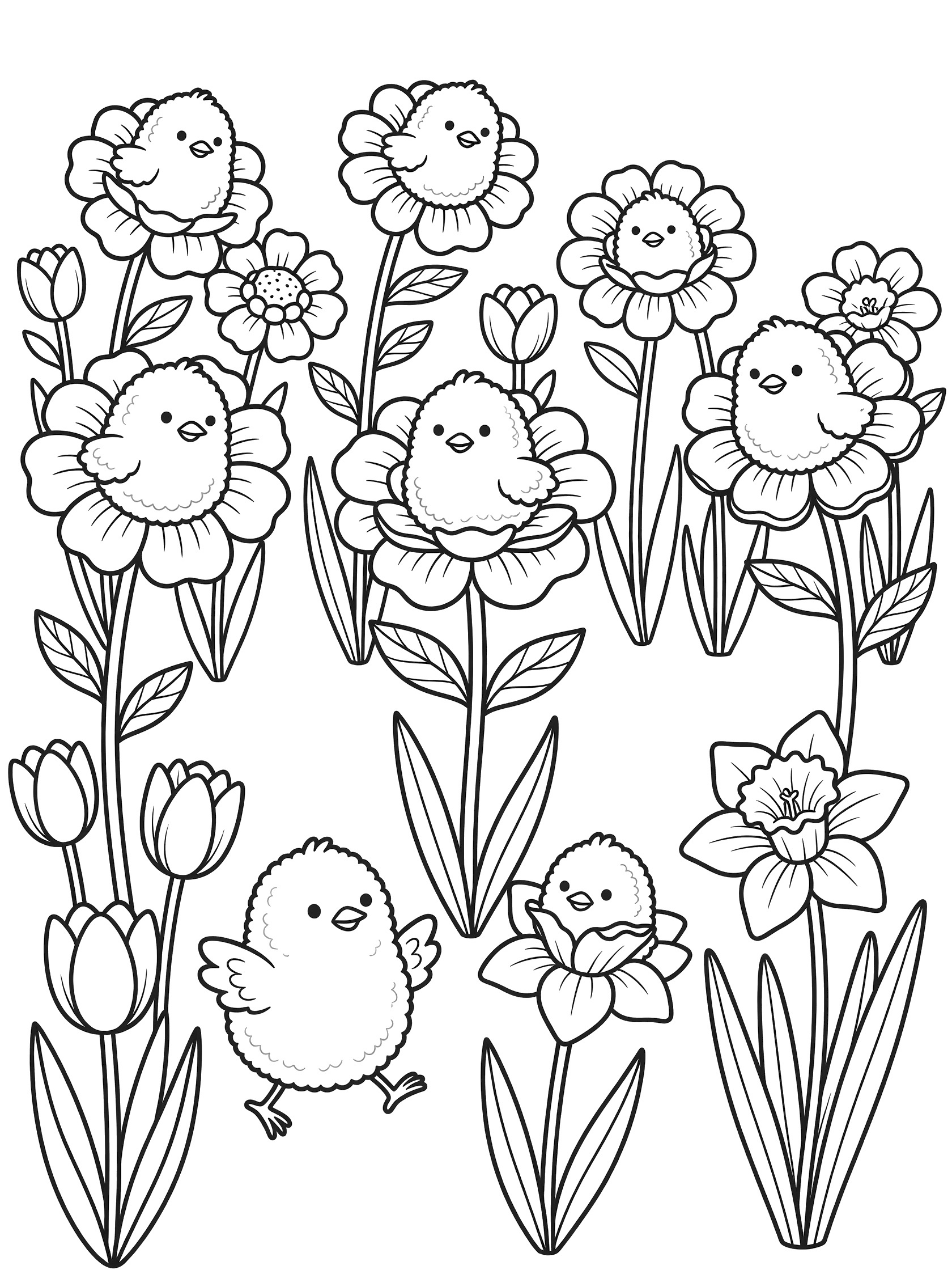 Black and white coloring page of Peeps marshmallow chicks blooming as flowers with petals, stems, leaves, tulips, and daffodils on white background.