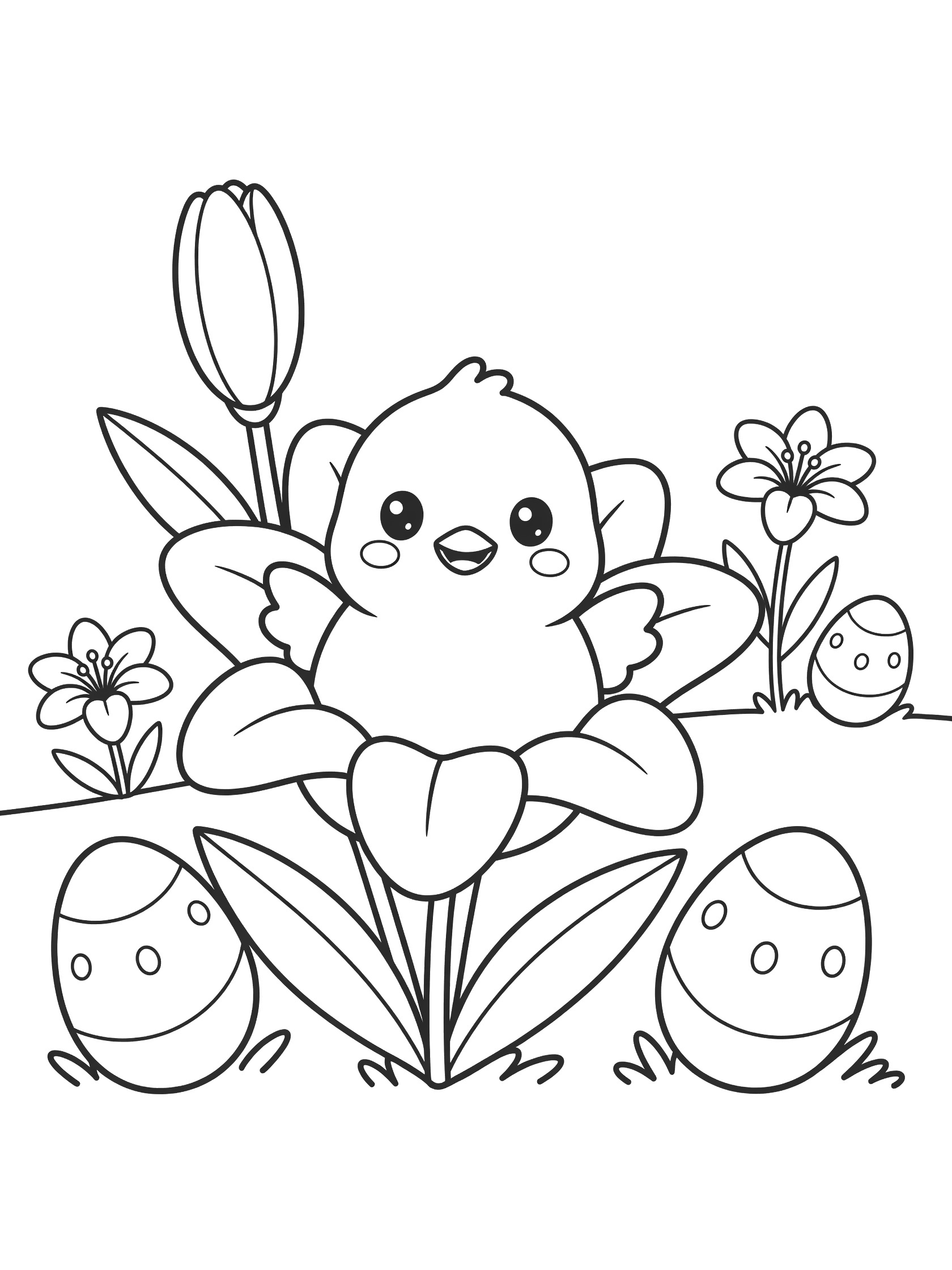 Black-and-white line art of a kawaii Peeps chick with big eyes and smile peeking from Easter lily petals, surrounded by leaves, eggs, and spring flowers.