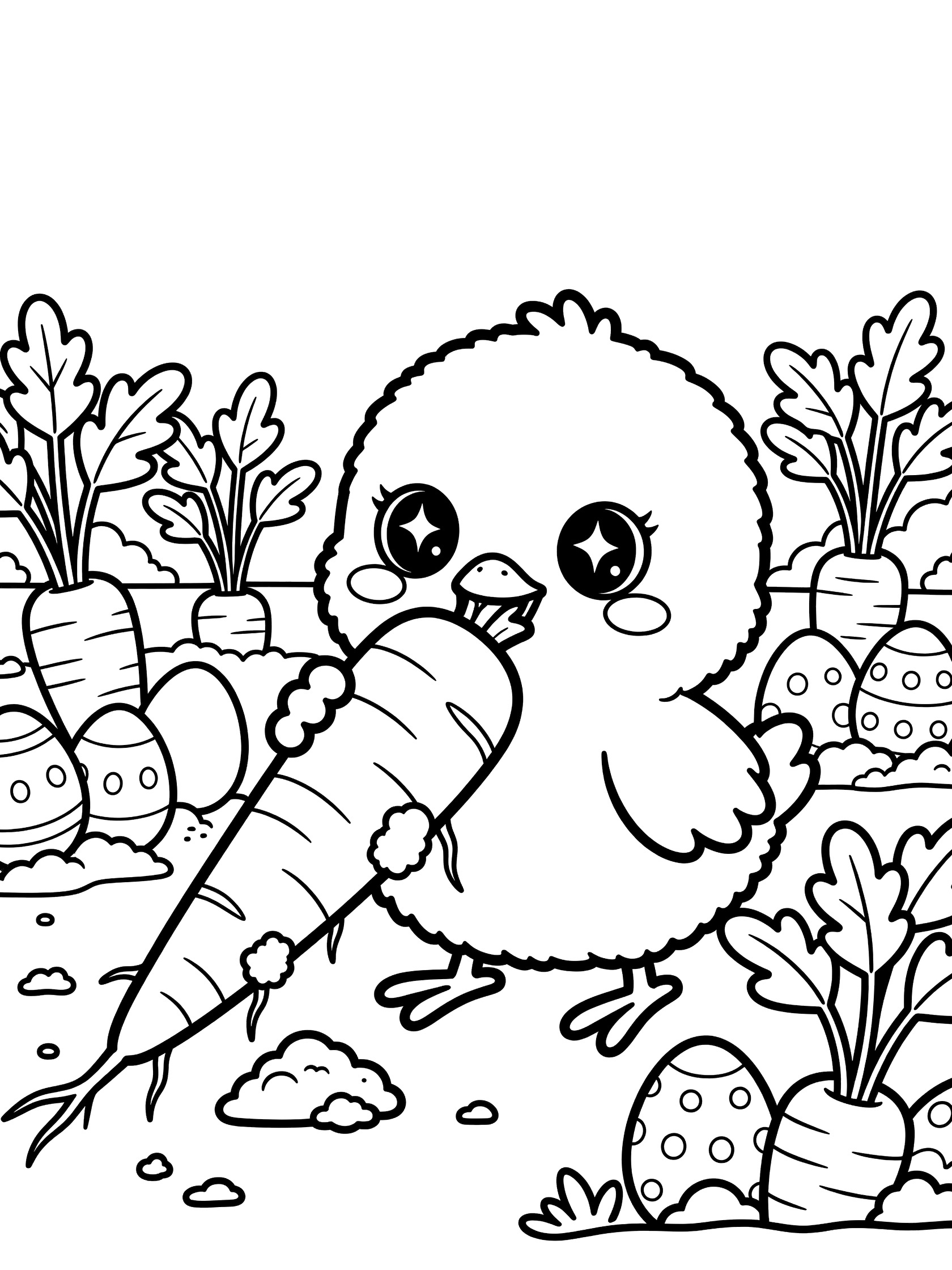 Kawaii Peeps chick with big eyes munching oversized carrot, surrounded by carrot plants and Easter eggs in farm garden coloring page