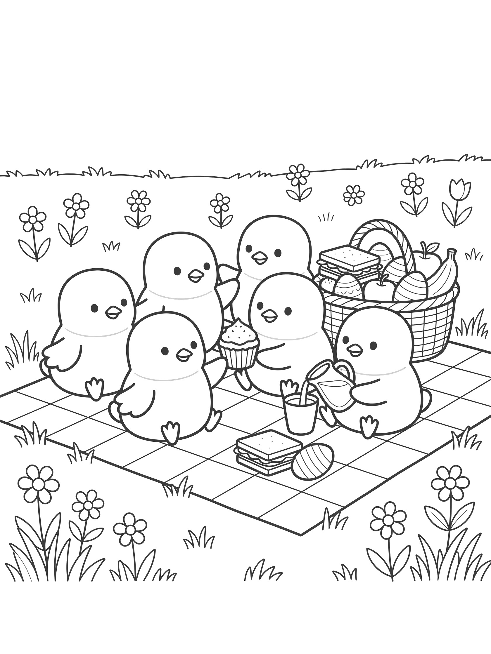 Black and white line art of Peeps chicks at a picnic on checkered blanket with basket, Easter eggs, cupcake, lemonade jug, sandwiches, and flowers in grassy meadow