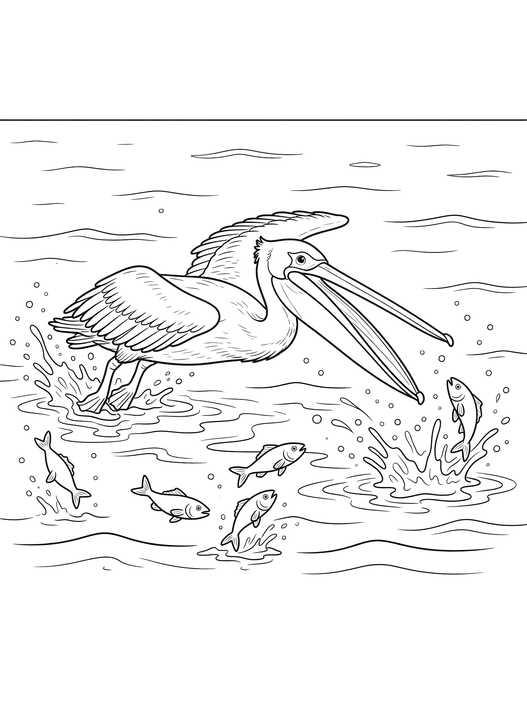 Black and white line drawing of a pelican diving headfirst into wavy water with open beak pouch and small fish jumping around.