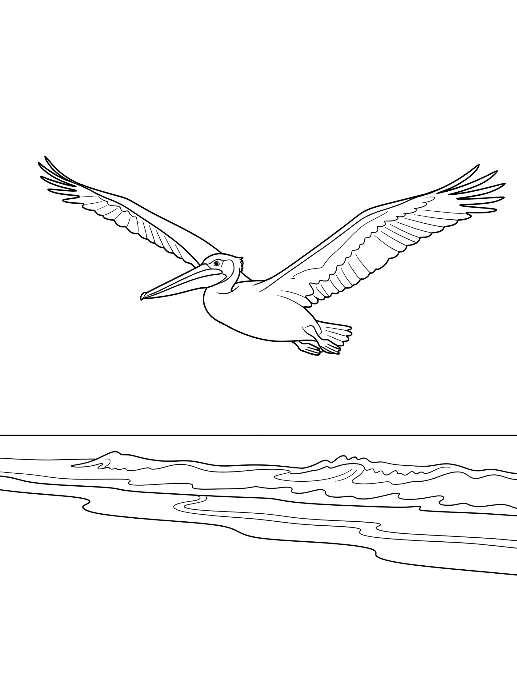 Black and white printable coloring page showing a pelican soaring with outstretched wings above wavy ocean lines on a white background.