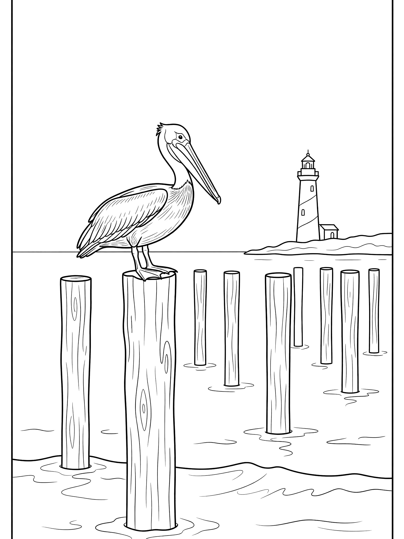 Black and white line art coloring page showing a pelican sitting on a pier post with waves below and a lighthouse on rocks in the background.