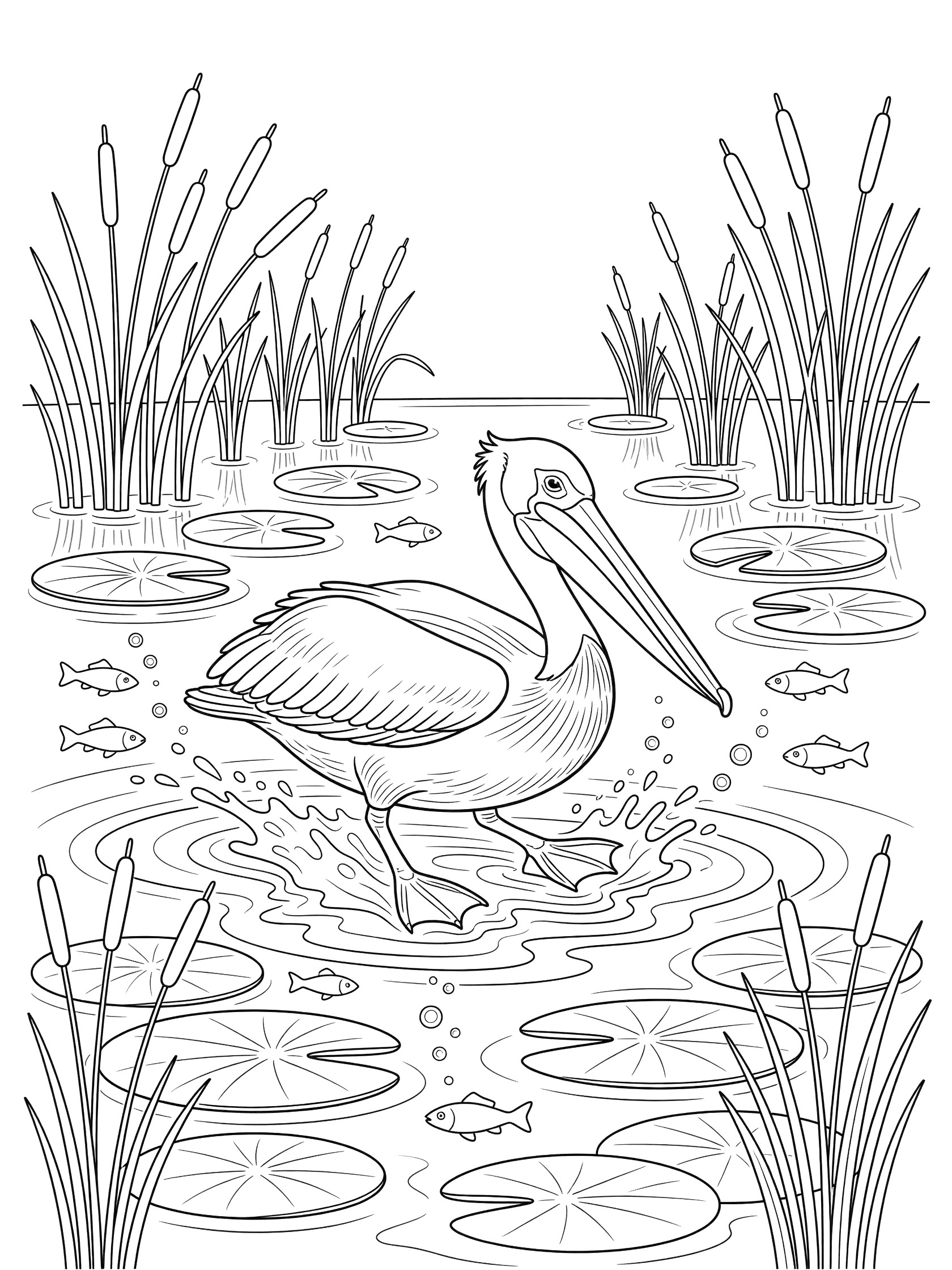 Black and white line art coloring page showing a pelican paddling in water surrounded by reeds, lily pads, fish, and bubbles.