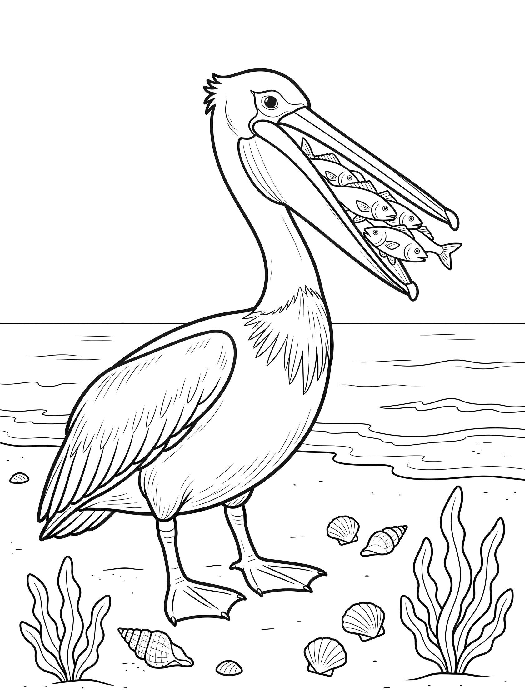 Black and white line art coloring page showing a pelican standing on sand with its beak full of fish, waves in the background, seashells and seaweed nearby.