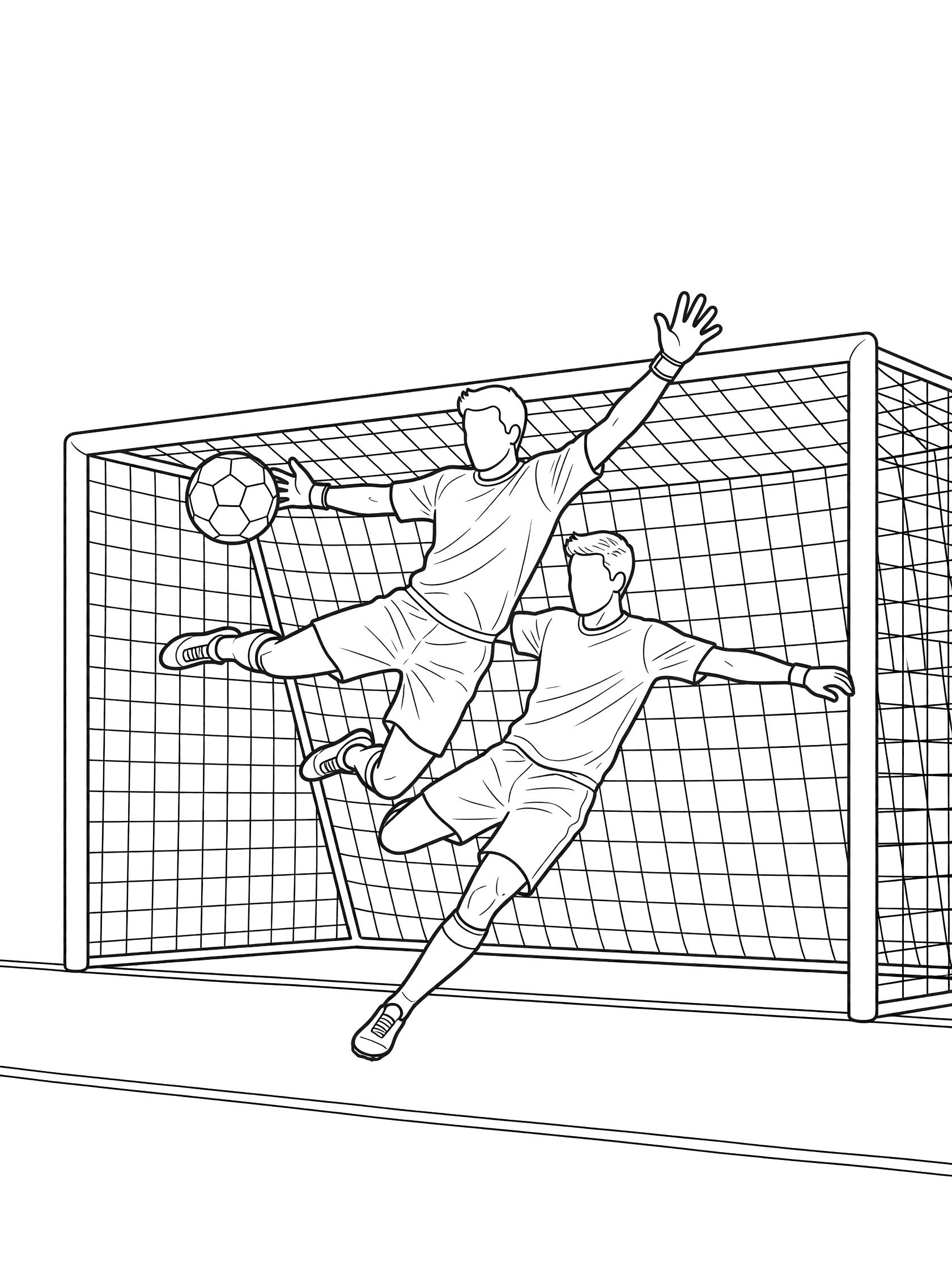 Line art coloring page showing soccer penalty kick with ball arcing toward goal upper corner, diving goalie reaching high, and kicker standing nearby on the field.