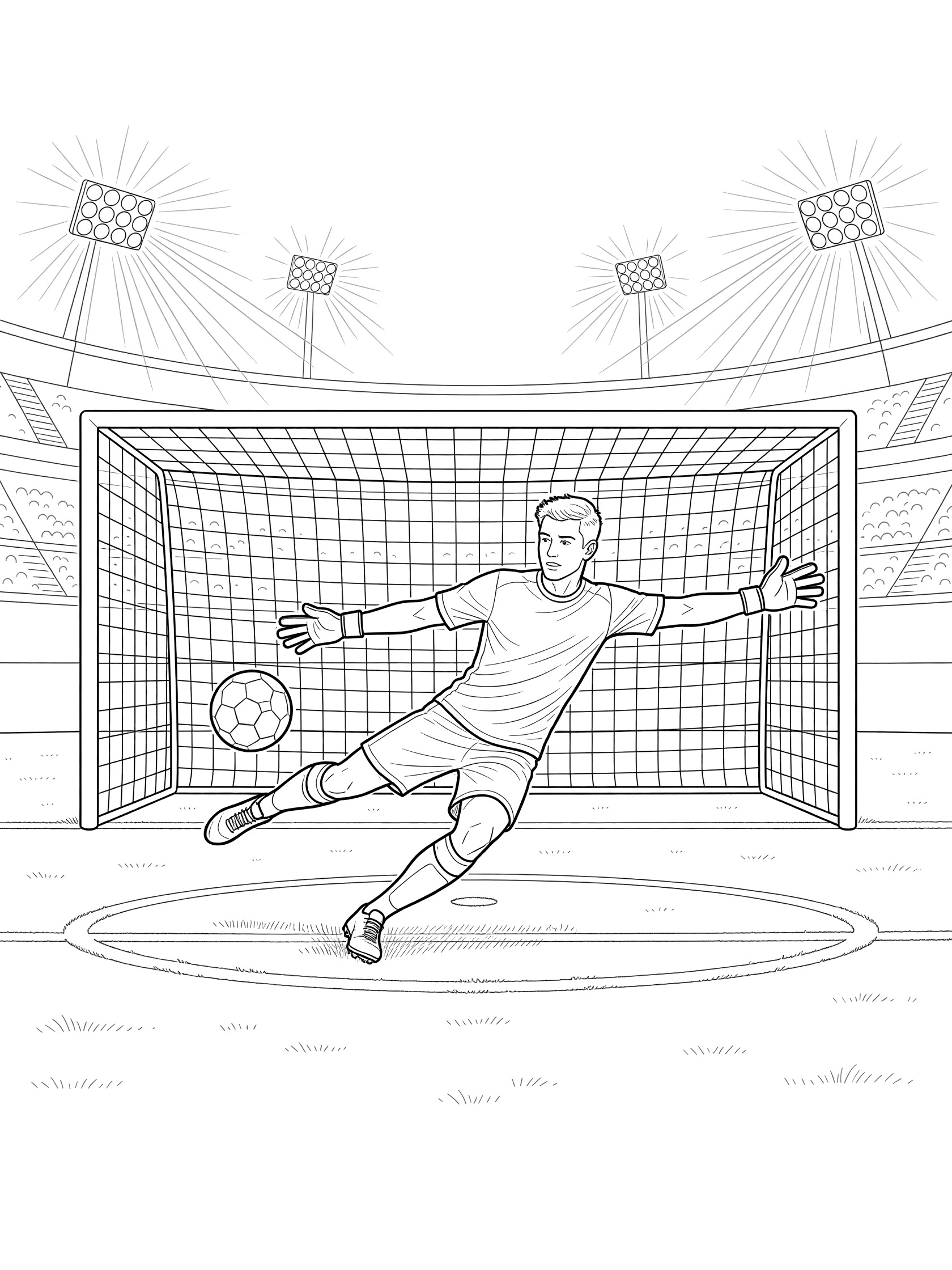 Black and white coloring page of a soccer goalkeeper diving right to save a penalty kick with one hand pushing the ball away from the goal