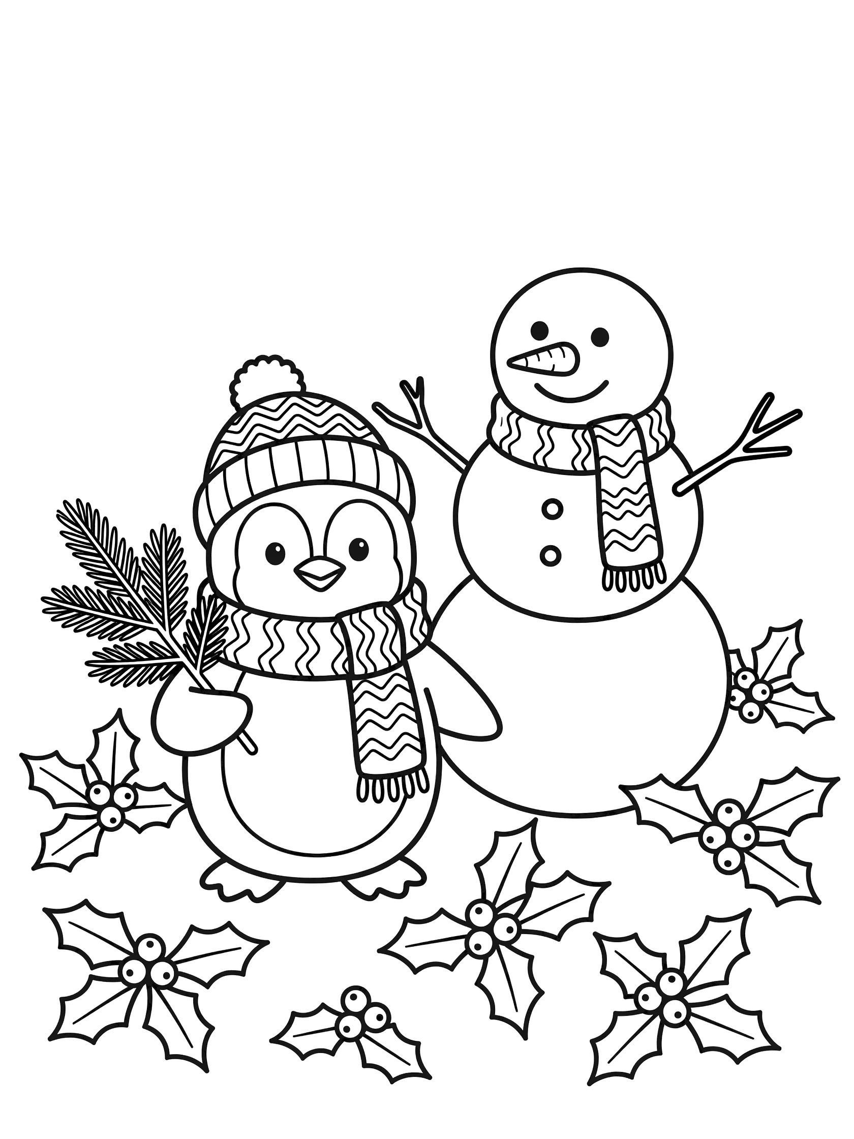 Printable coloring page showing a happy penguin wearing a striped scarf and knit hat with pom-pom, holding an evergreen branch, standing beside a snowman with striped scarf and carrot nose, surrounded by holly leaves and berries.
