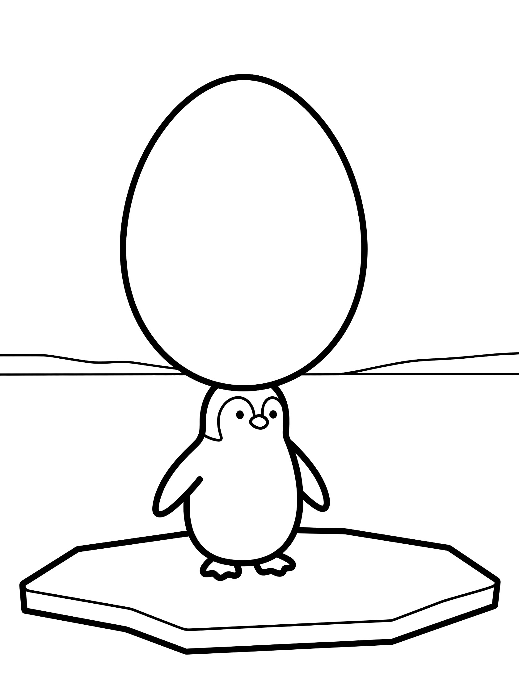 Black and white line art coloring page showing a penguin standing on ice with a large egg balanced on its feet