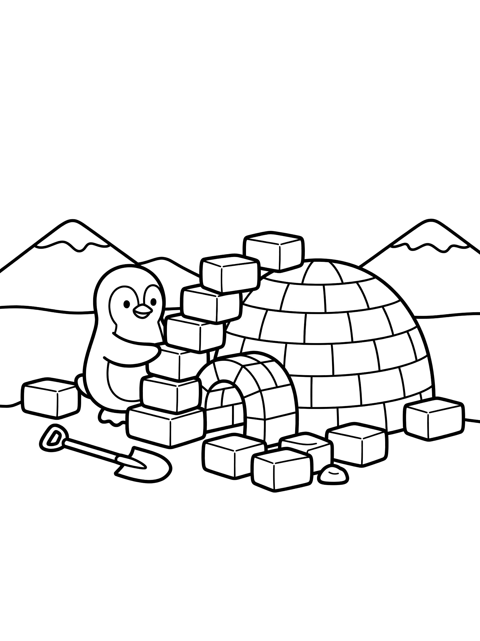 Black and white line art coloring page showing a cute penguin holding snow blocks next to a half-built igloo dome, shovel on snow, and mountain backdrop