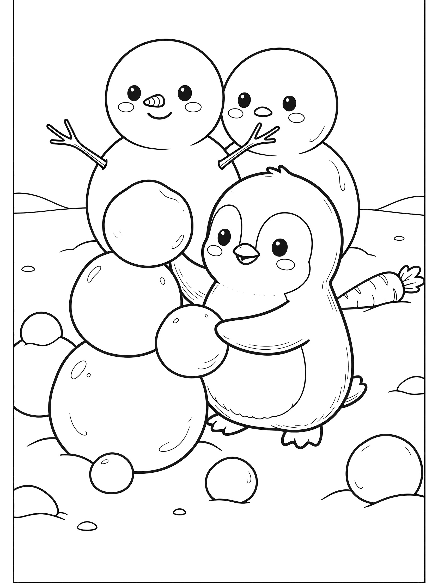 Cute kawaii penguin holding snowballs next to snowman with carrot nose, detailed line art coloring page for printing