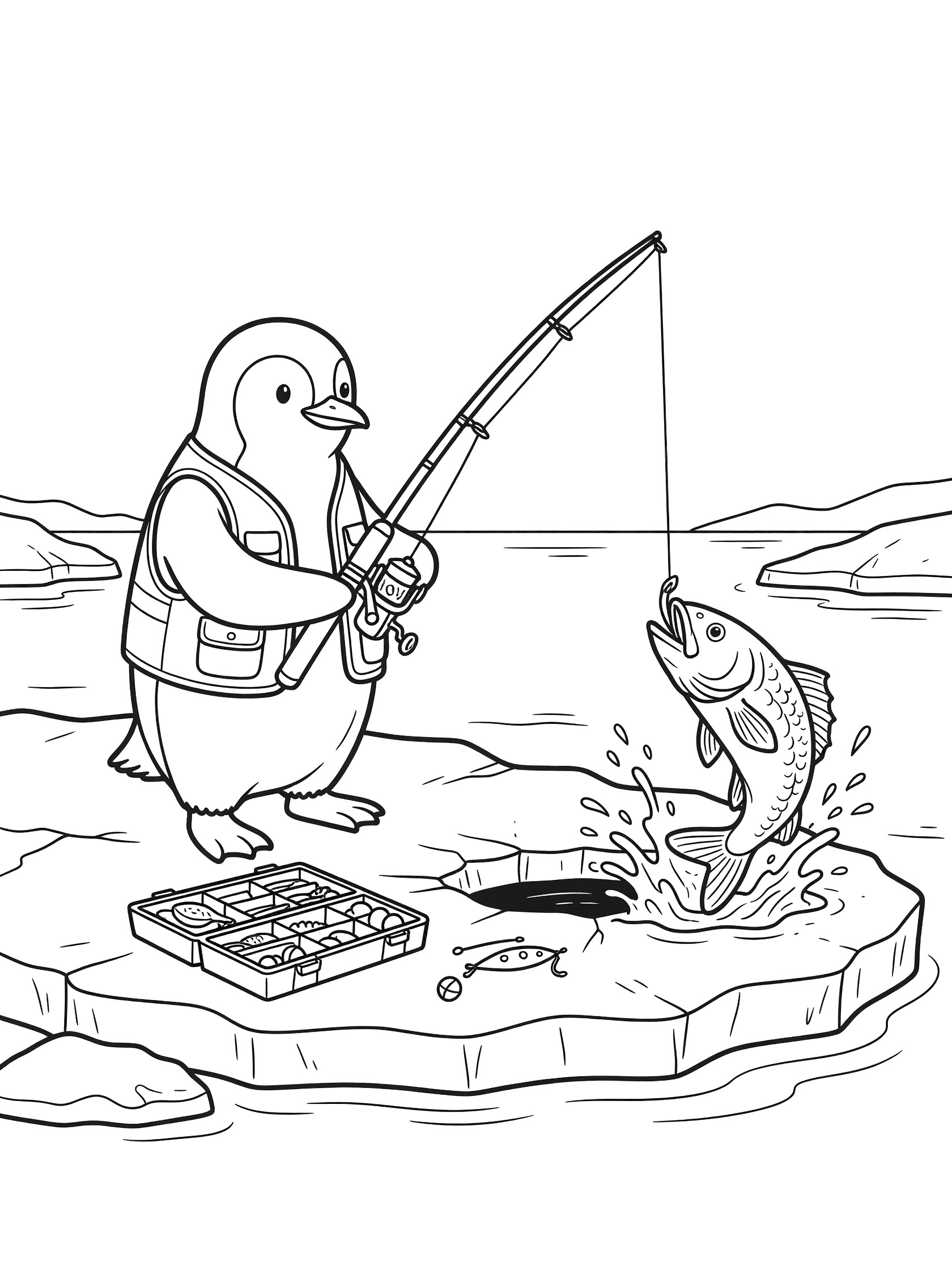 Black and white line art of a penguin fishing from an ice hole, reeling in a large jumping fish with rod and tackle box nearby.