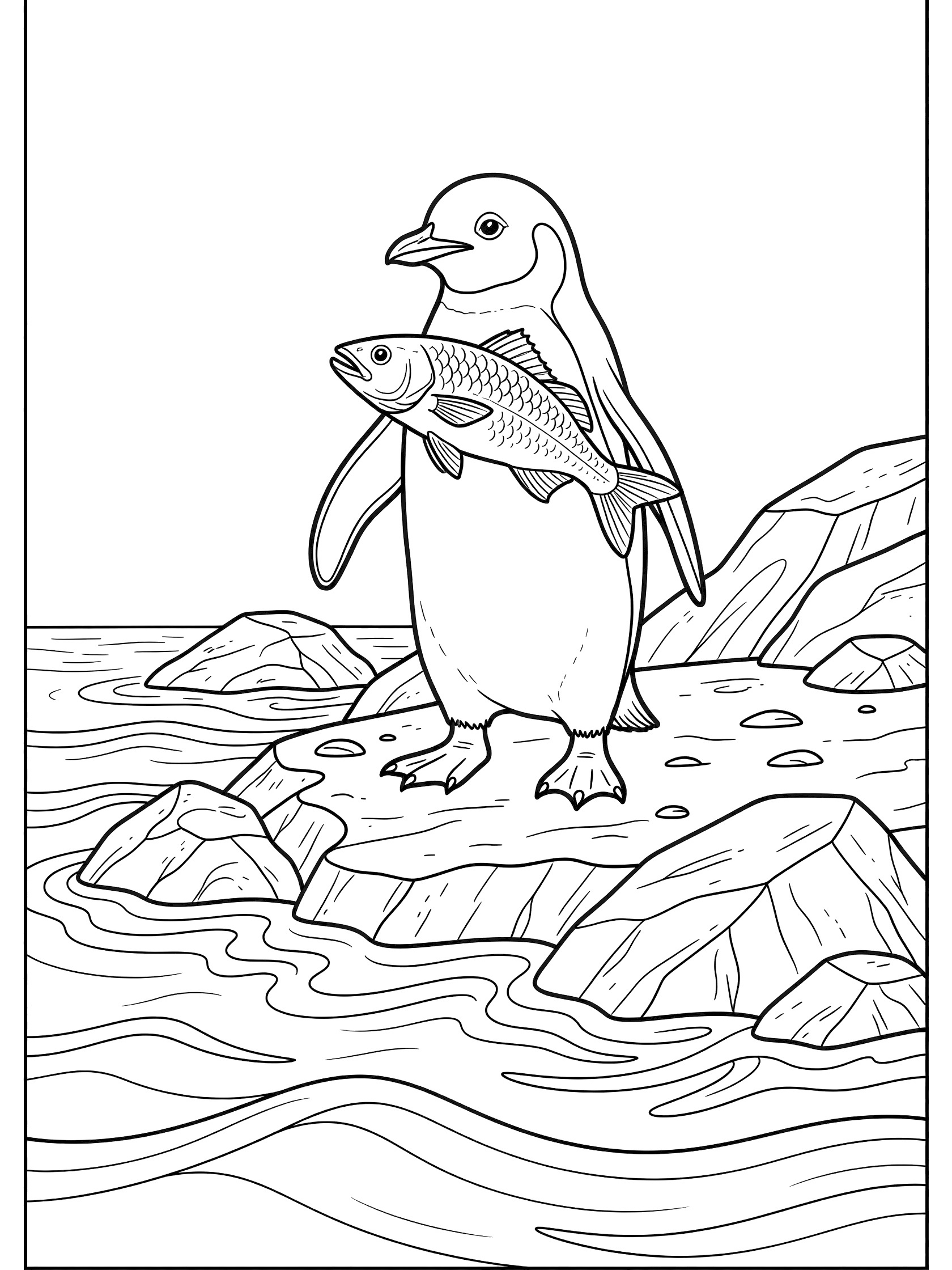 Printable coloring page showing a penguin standing on rocks holding a detailed fish in its beak with ocean waves nearby