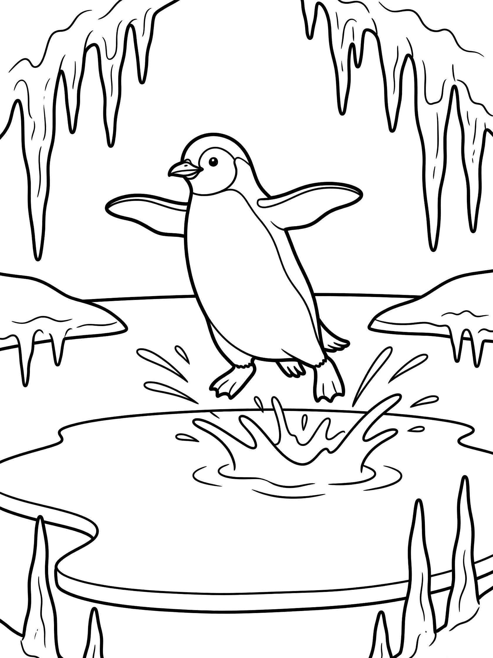 Black and white line art coloring page showing a penguin leaping from a frozen pond with outstretched flippers, water splashes below, and icicles around.