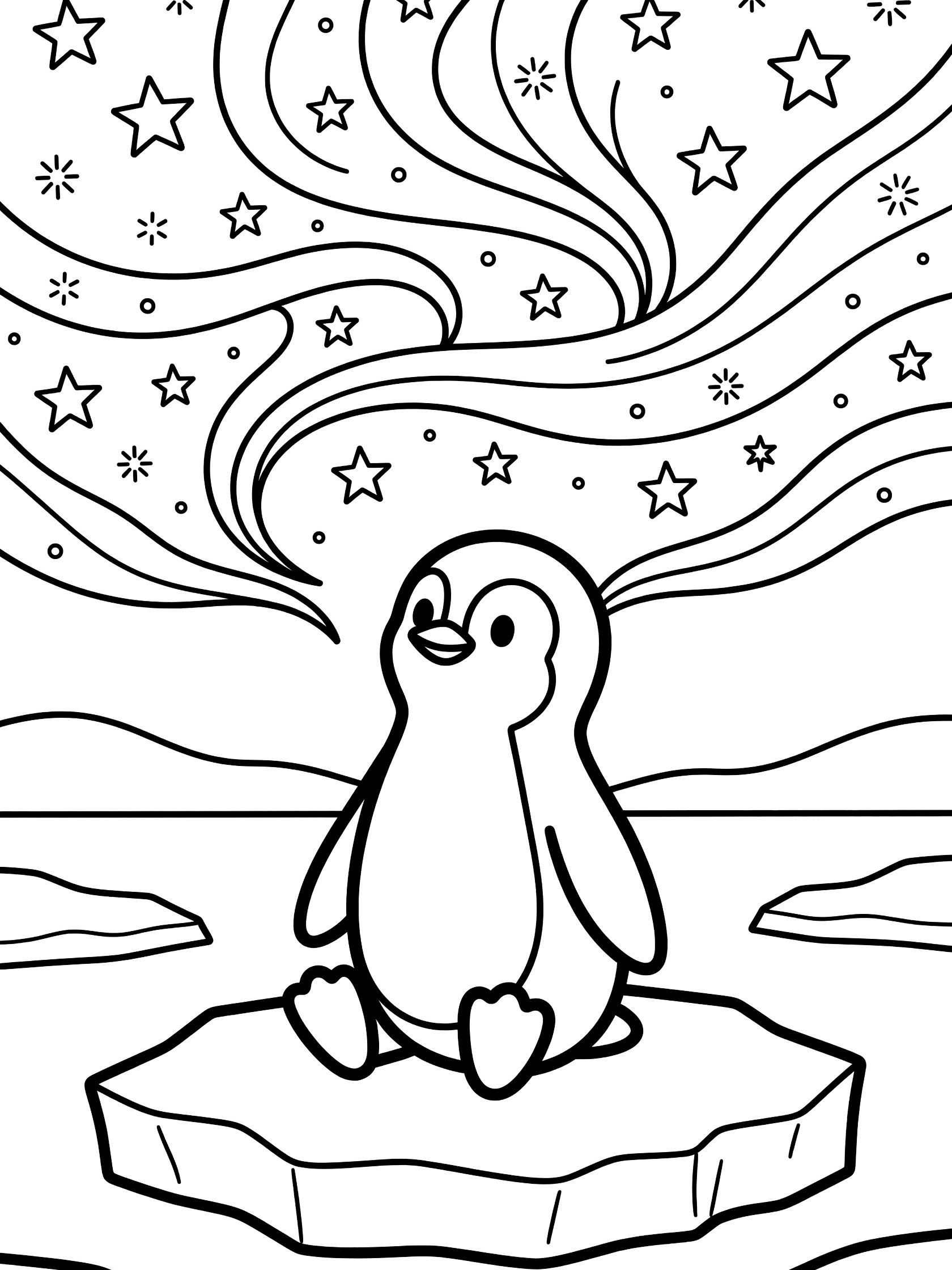 Black and white line art coloring page showing a penguin on an ice chunk looking up at simple stars and swirling patterns in the sky.