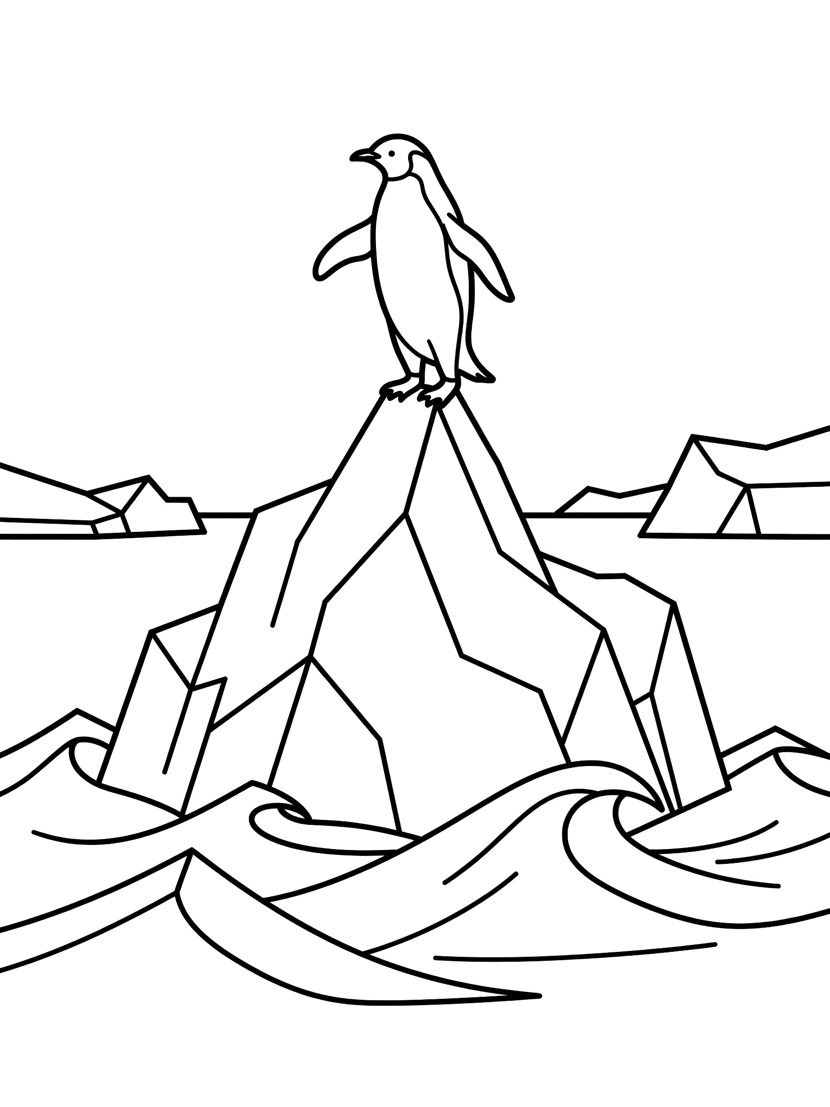 Black and white line art of a penguin standing on a tall iceberg surrounded by calm waves and smaller icebergs in the background.