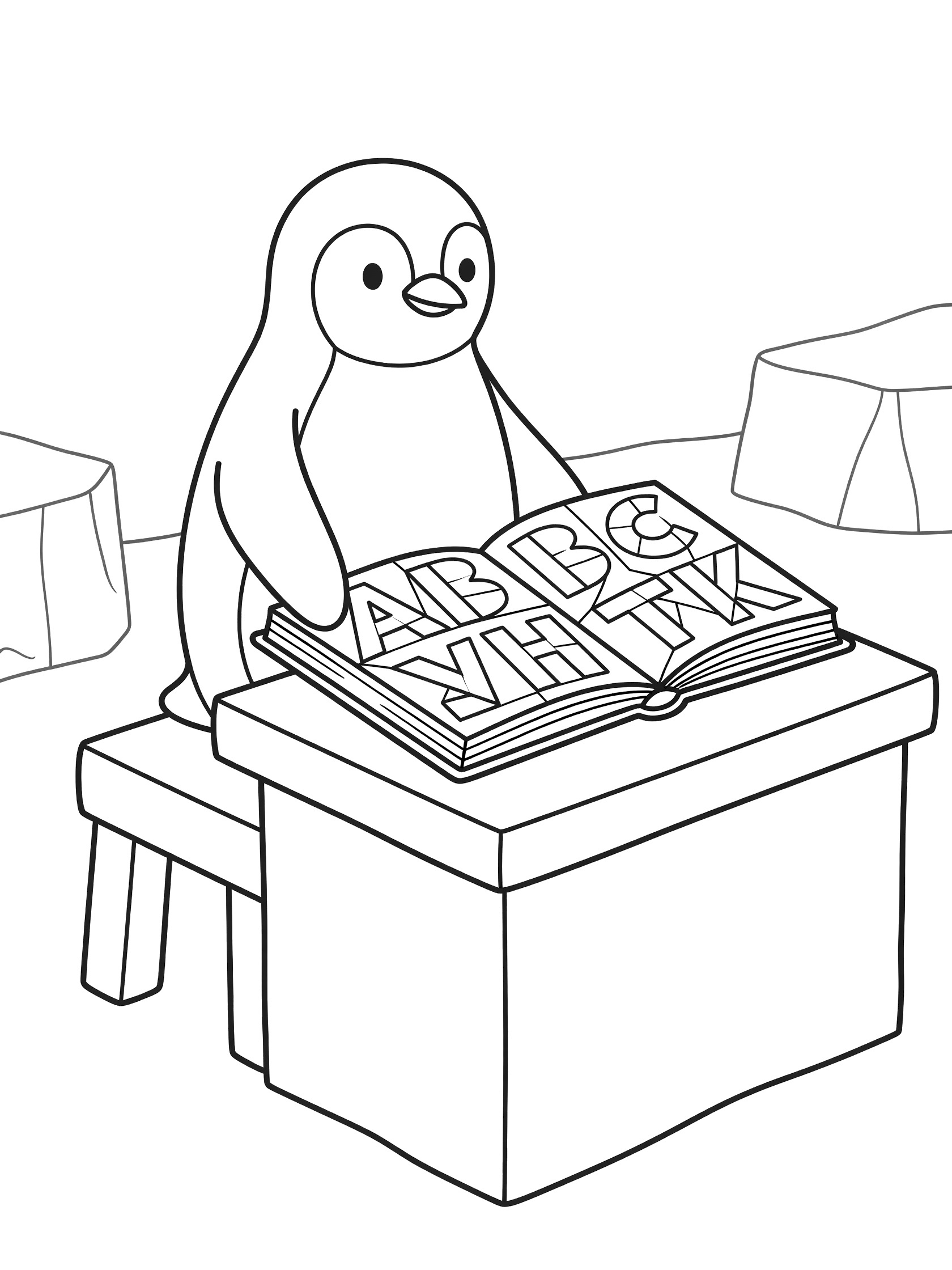 Black and white coloring page of a happy penguin reading an open book with ABC letters, sitting on a stool by an ice block desk.