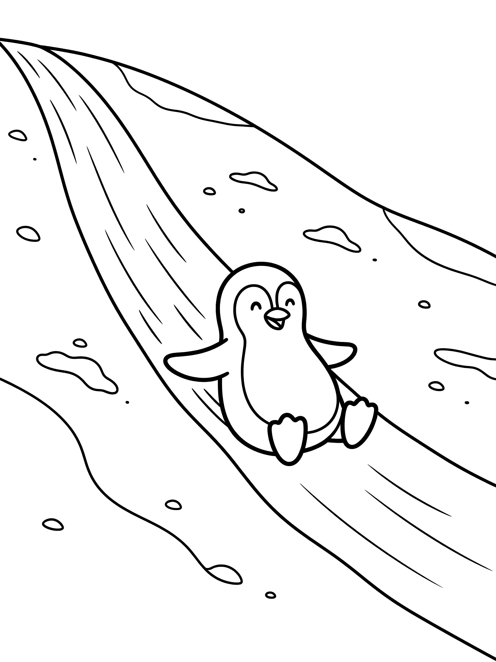 Black and white line art coloring page showing a smiling penguin sliding belly-first down a curved snowy slope, leaving a trail with small ice bumps.