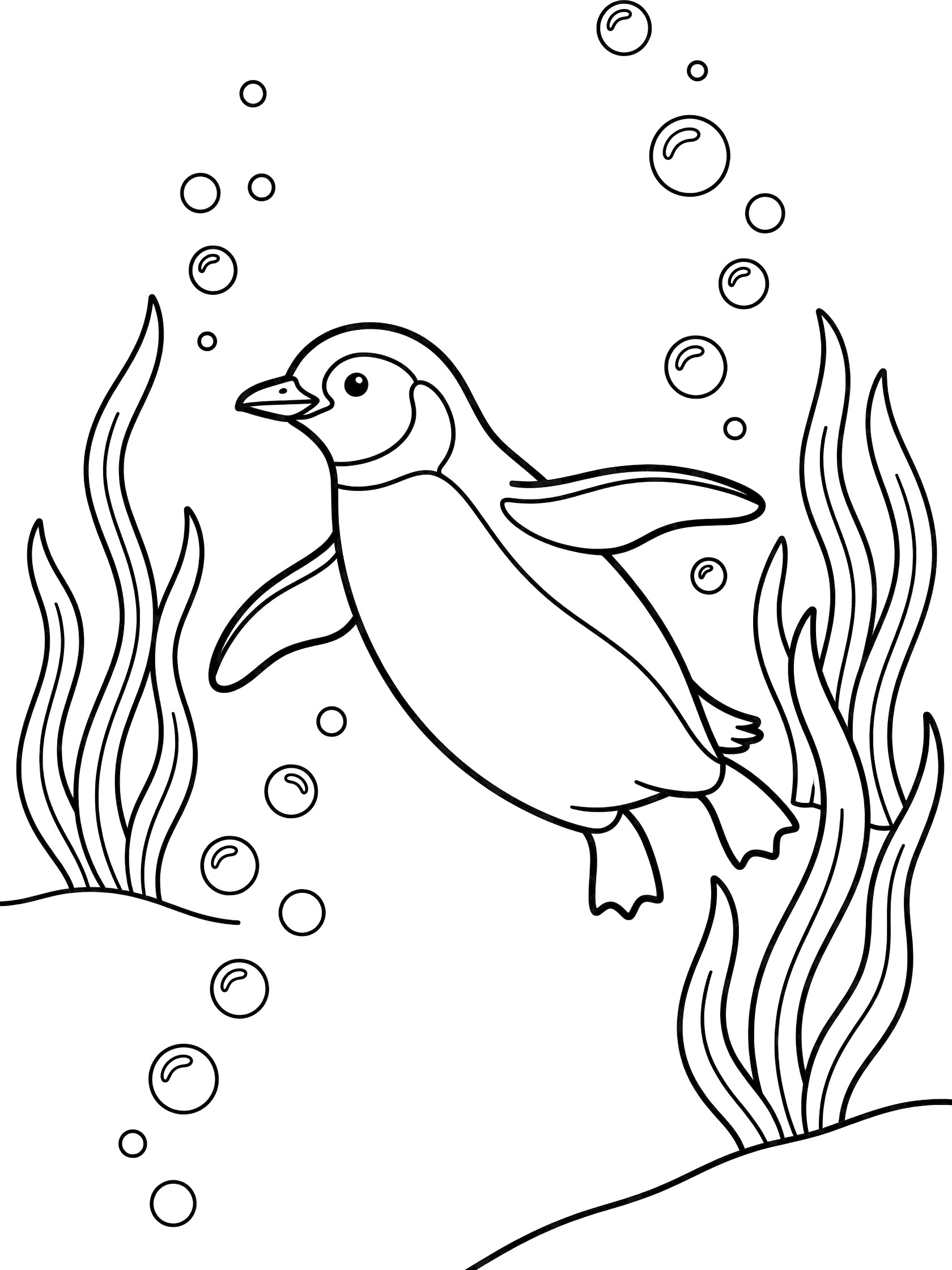Black and white line art coloring page showing a penguin swimming with flippers out, feet kicking, bubbles around, and swaying seaweed.