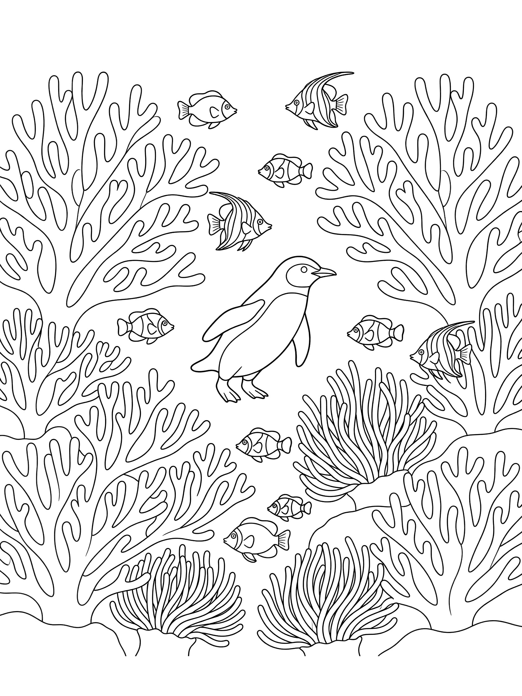 Black and white line art coloring page showing a penguin swimming with tropical fish around branching coral reefs and sea anemones.