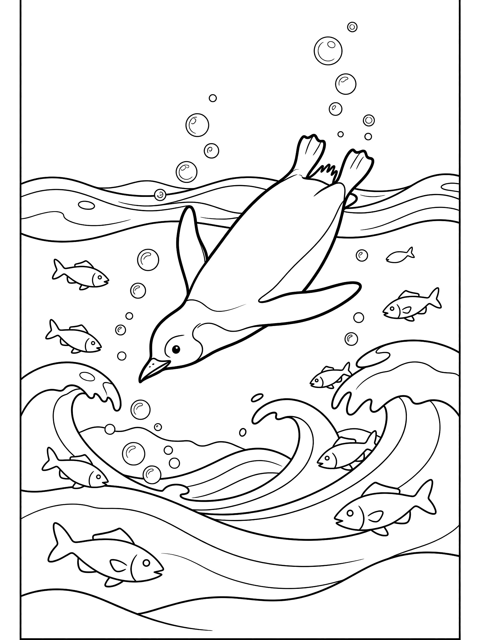 Black and white line art coloring page showing a penguin diving into wavy ocean water with swimming fish and rising bubbles.