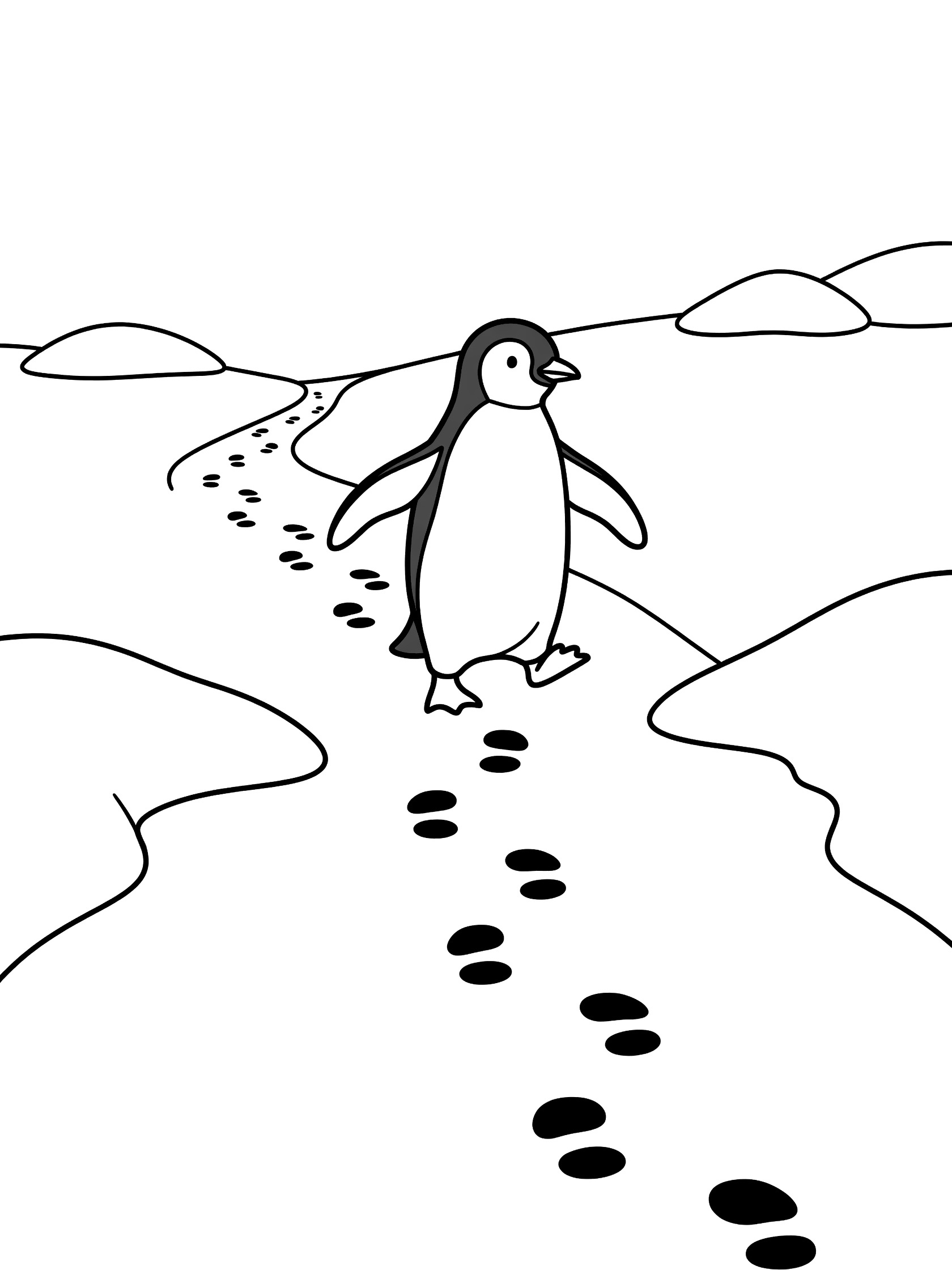 Black and white line art coloring page showing a penguin waddling forward on a snowy path with a trail of footprints and small snowdrifts on sides.
