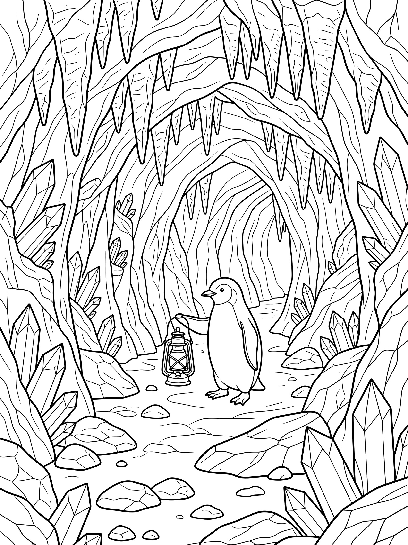 Black and white line art coloring page showing a penguin standing on two feet holding a lantern in one flipper inside a cave with stalactites hanging from the ceiling, crystals on the walls, and rocks on the ground.