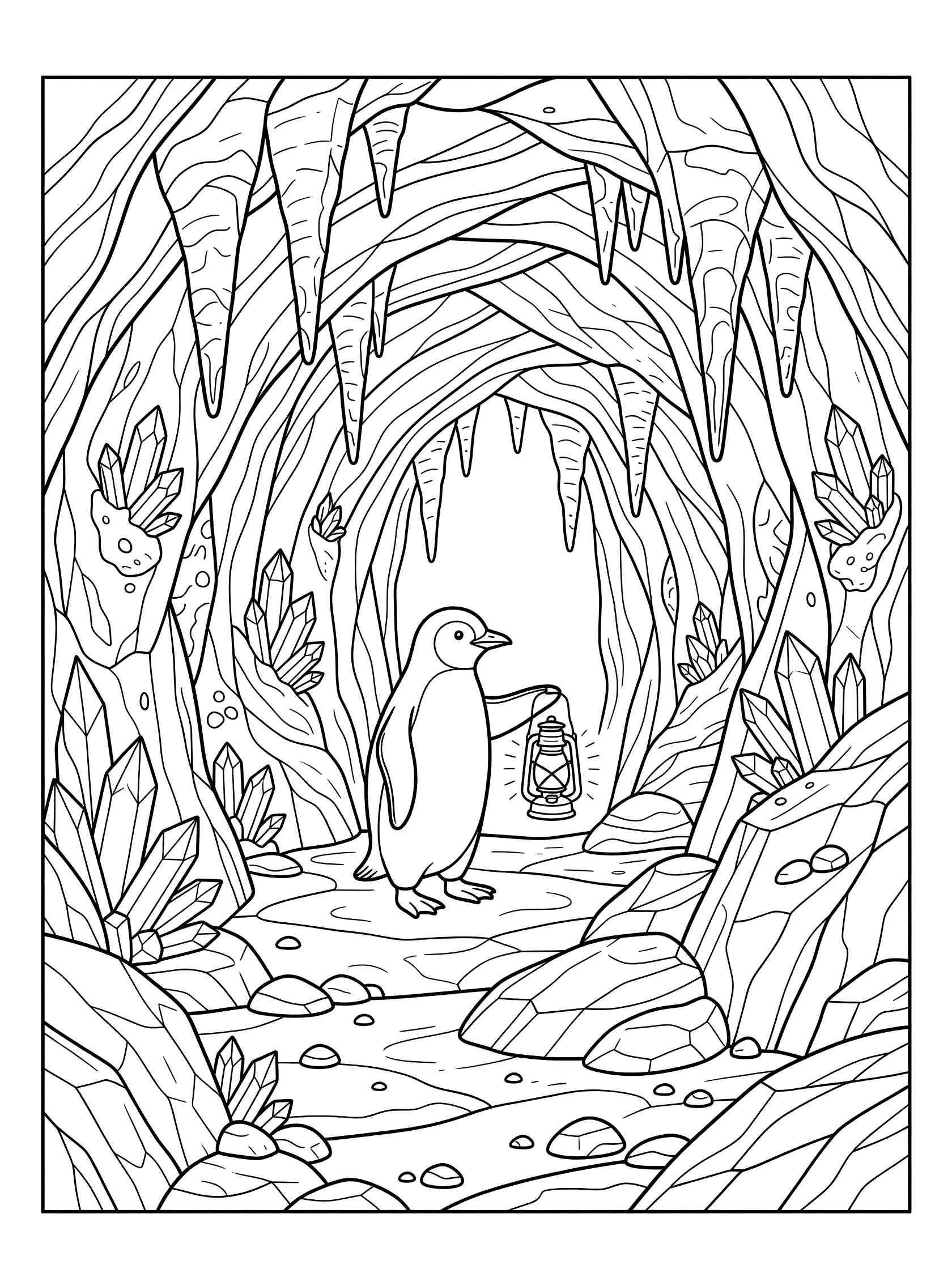 Black and white line art coloring page showing a penguin standing on rocky cave floor holding a lantern in one flipper, surrounded by detailed stalactites overhead, sparkling crystals on textured cave walls, and scattered rocks.