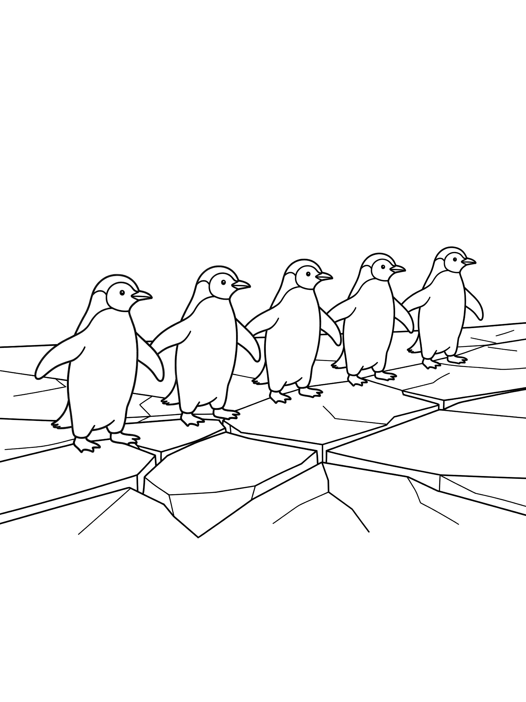 Line art coloring page showing five penguins walking together holding flippers across cracked ice with clean outlines.