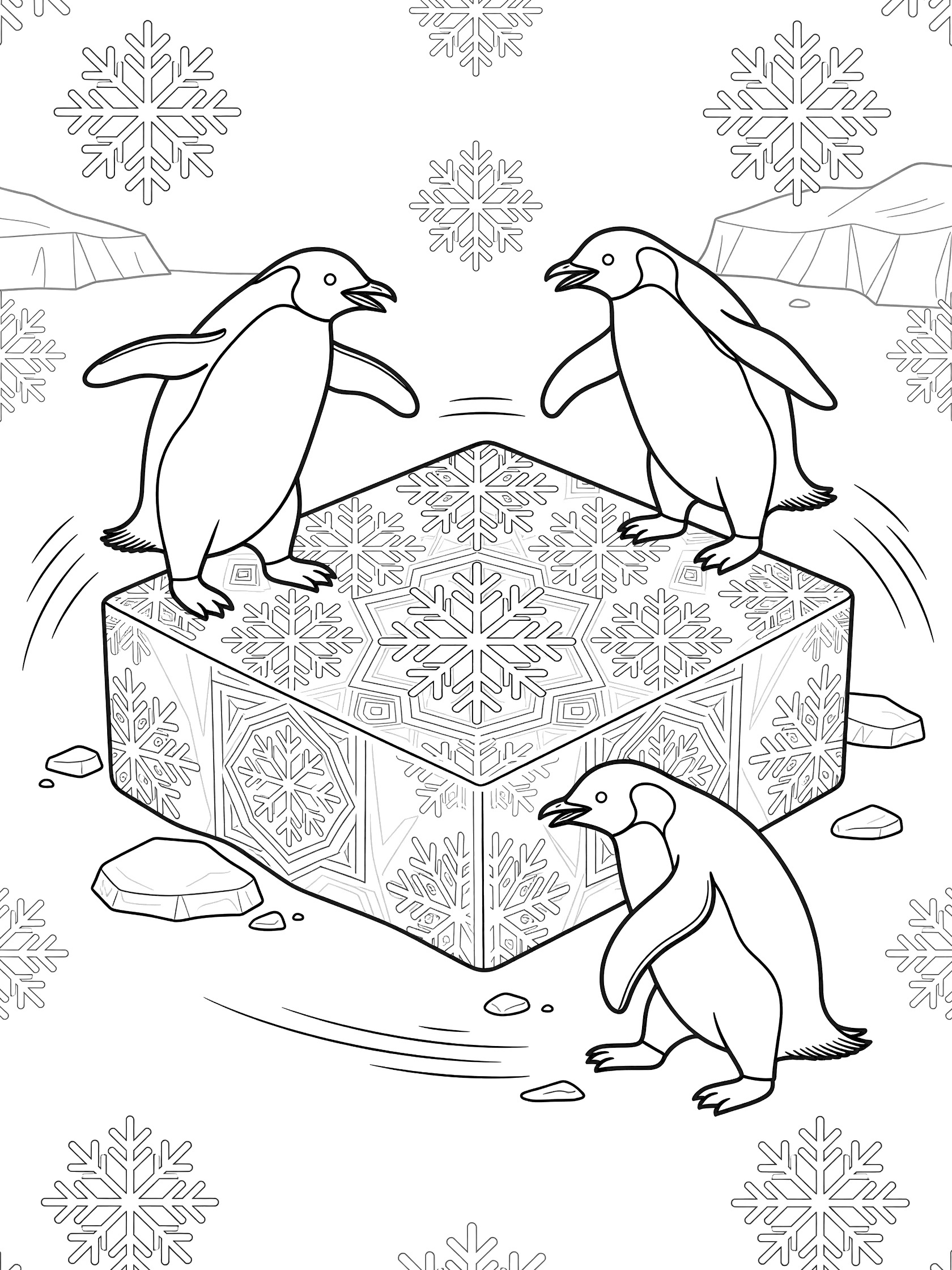 Black and white line art coloring page showing four penguins jumping and playing around a cube-shaped ice block decorated with snowflake patterns.